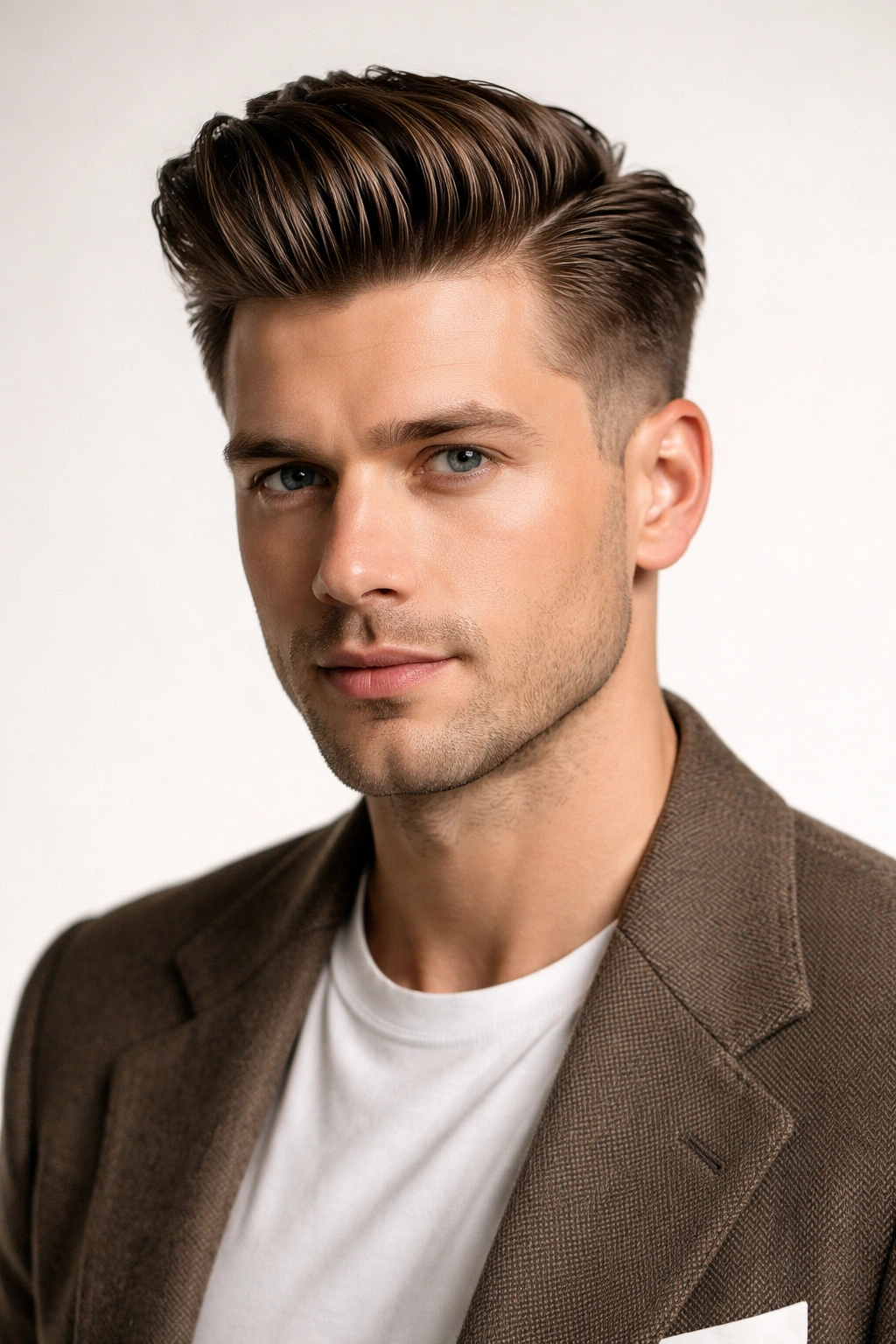 Portrait of a man with short sides and long top, classic 1940s hairstyle