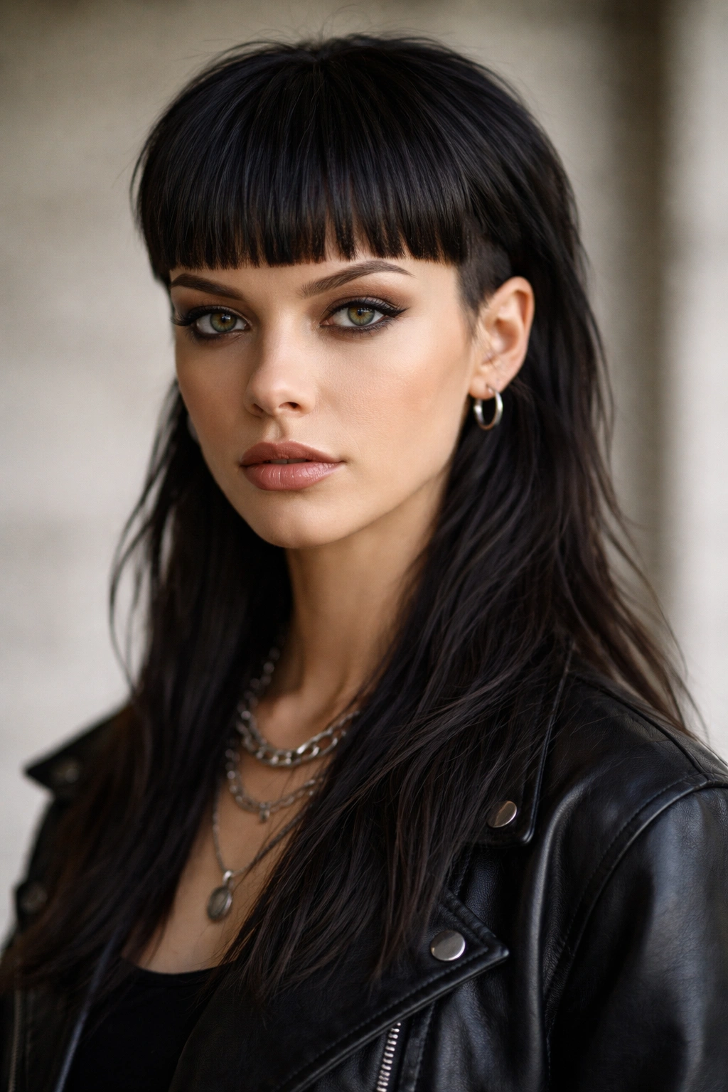Mullet with short front bangs and long back for bold architectural contrast