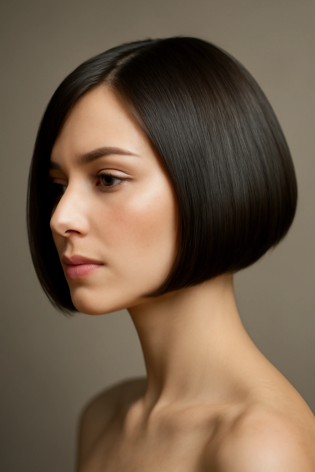 15 Formal Hairstyle Ideas Sorted by Hair Length 1 Close-up portrait of a sleek chin-length bob with blunt edge and inward curve