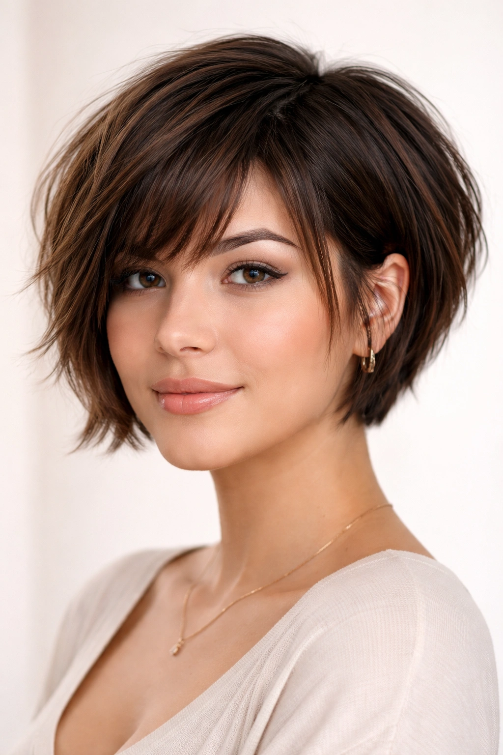 Short textured bob above the ears for round faces with thick hair