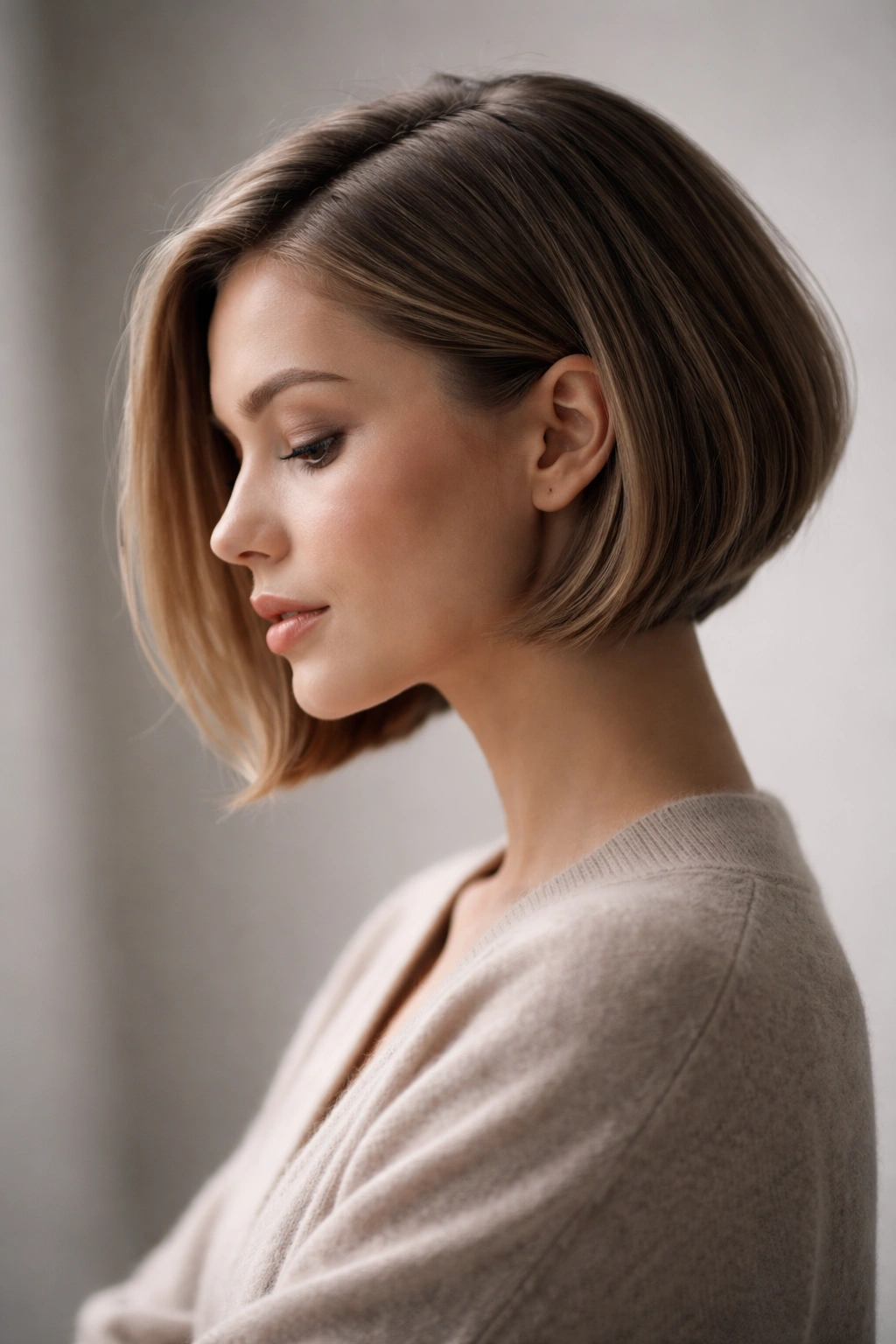 Silhouette of a person in three-quarter profile with a short bob hairstyle against a gray gradient backdrop