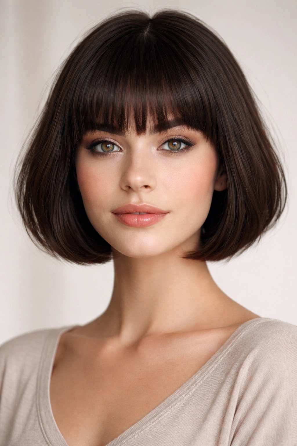 Short bob with thick bangs on a heart-shaped face model in studio light