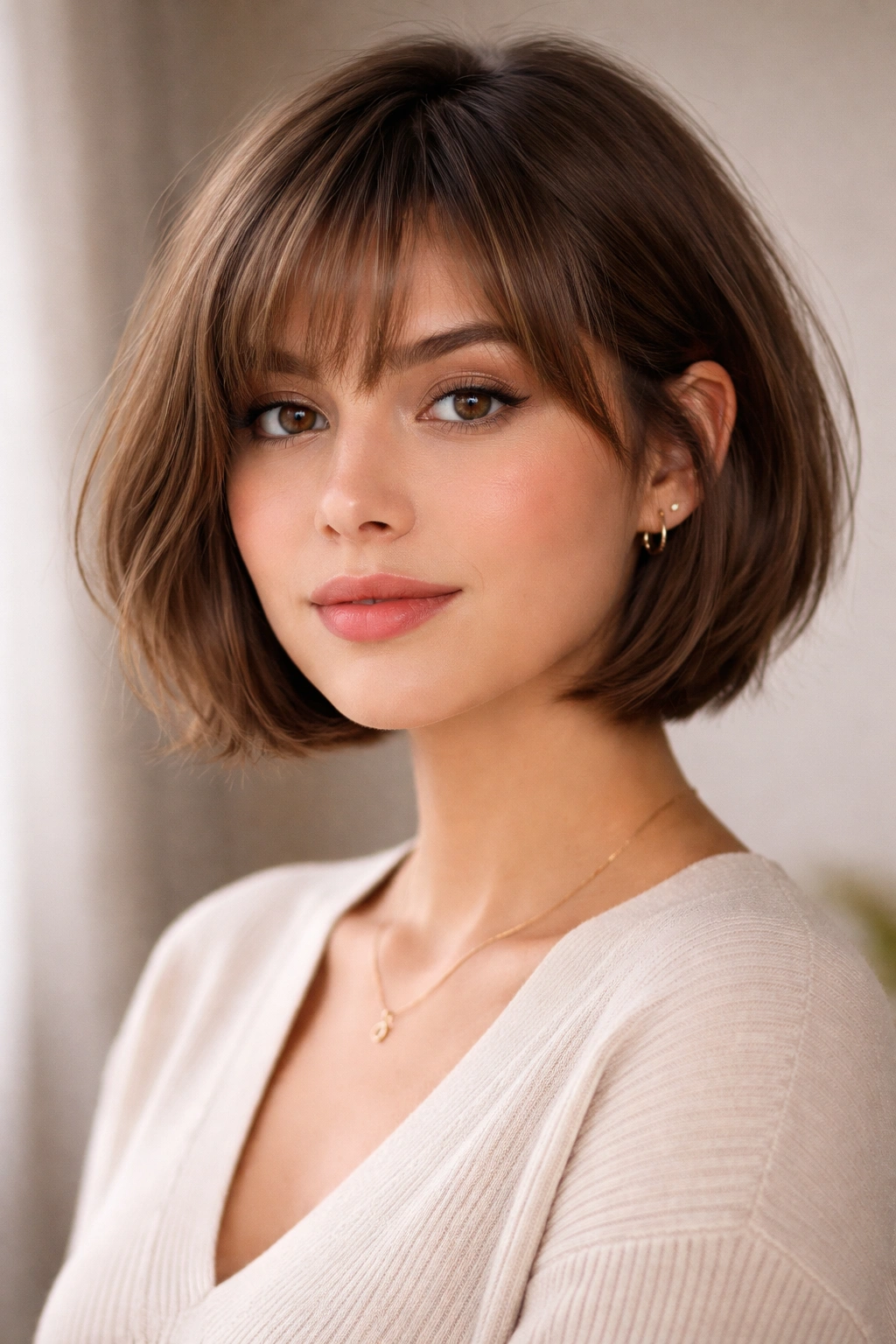 15 Slimming Short Hairstyles For Round Faces 9 Chin-length bob with wispy side-swept bangs framing a round face