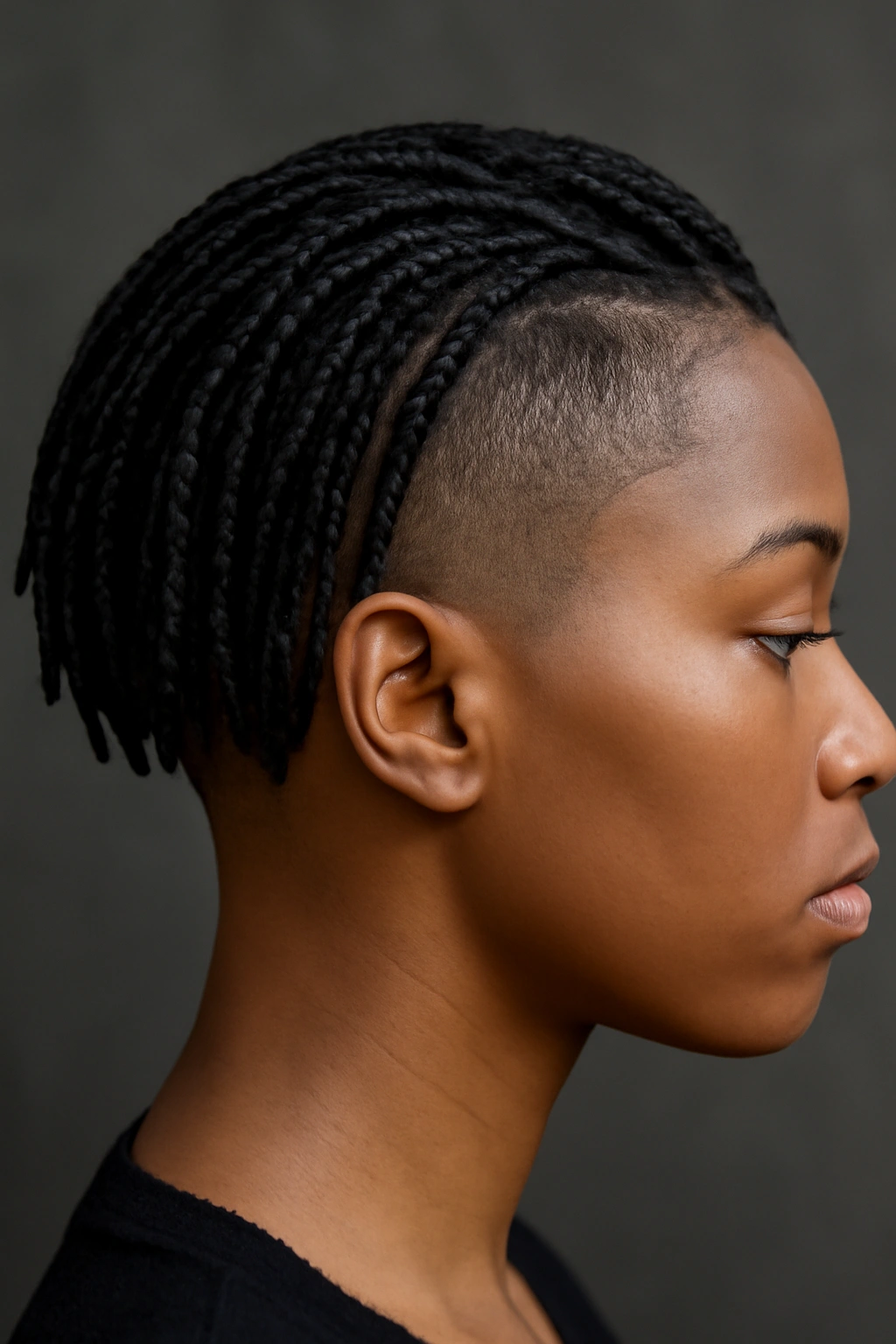 12 Short Box Braid Styles That Look Neat and Polished 11 Side profile of short box braids with shaved sides and fade