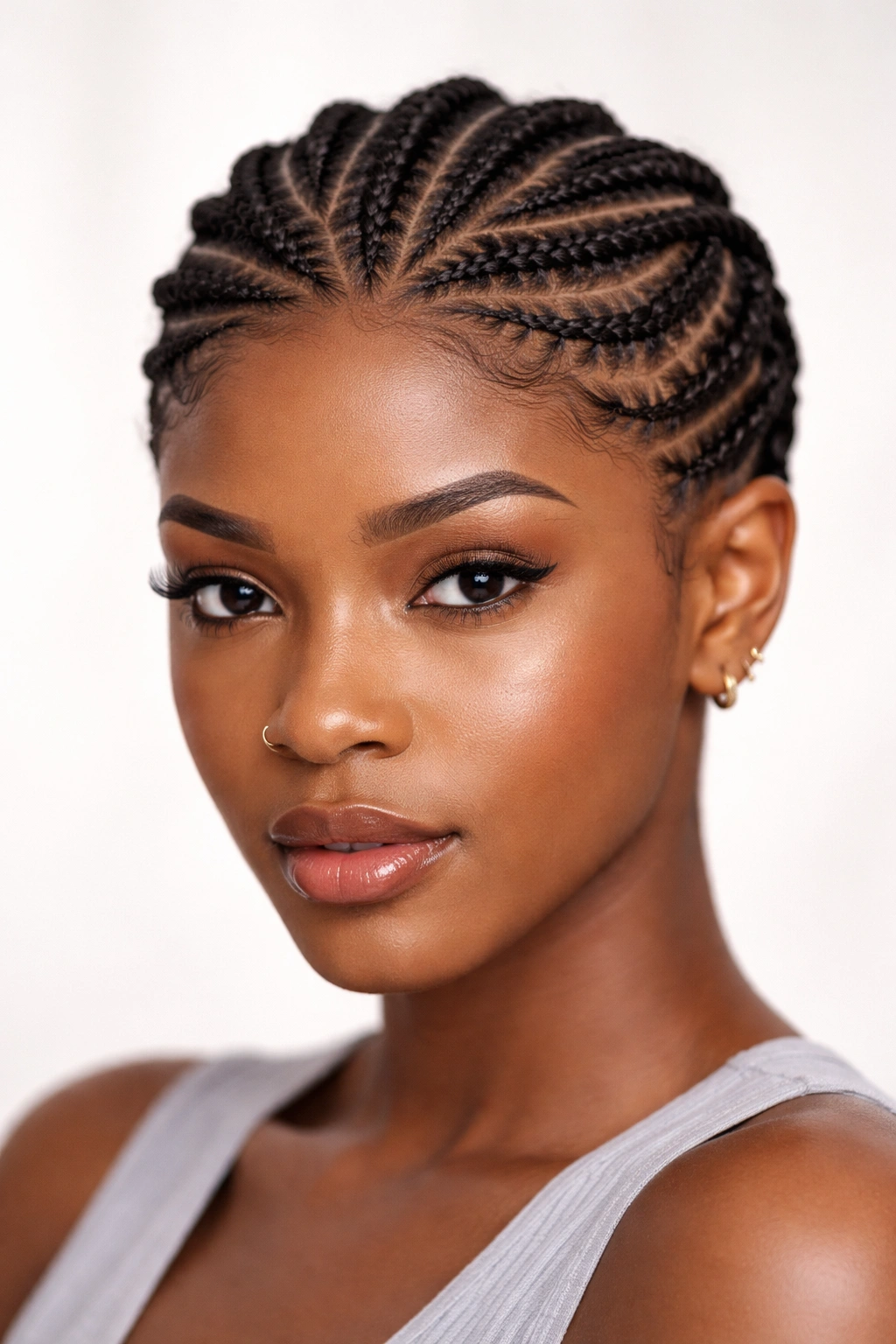 Close-up of short braids forming geometric patterns on 4C hair
