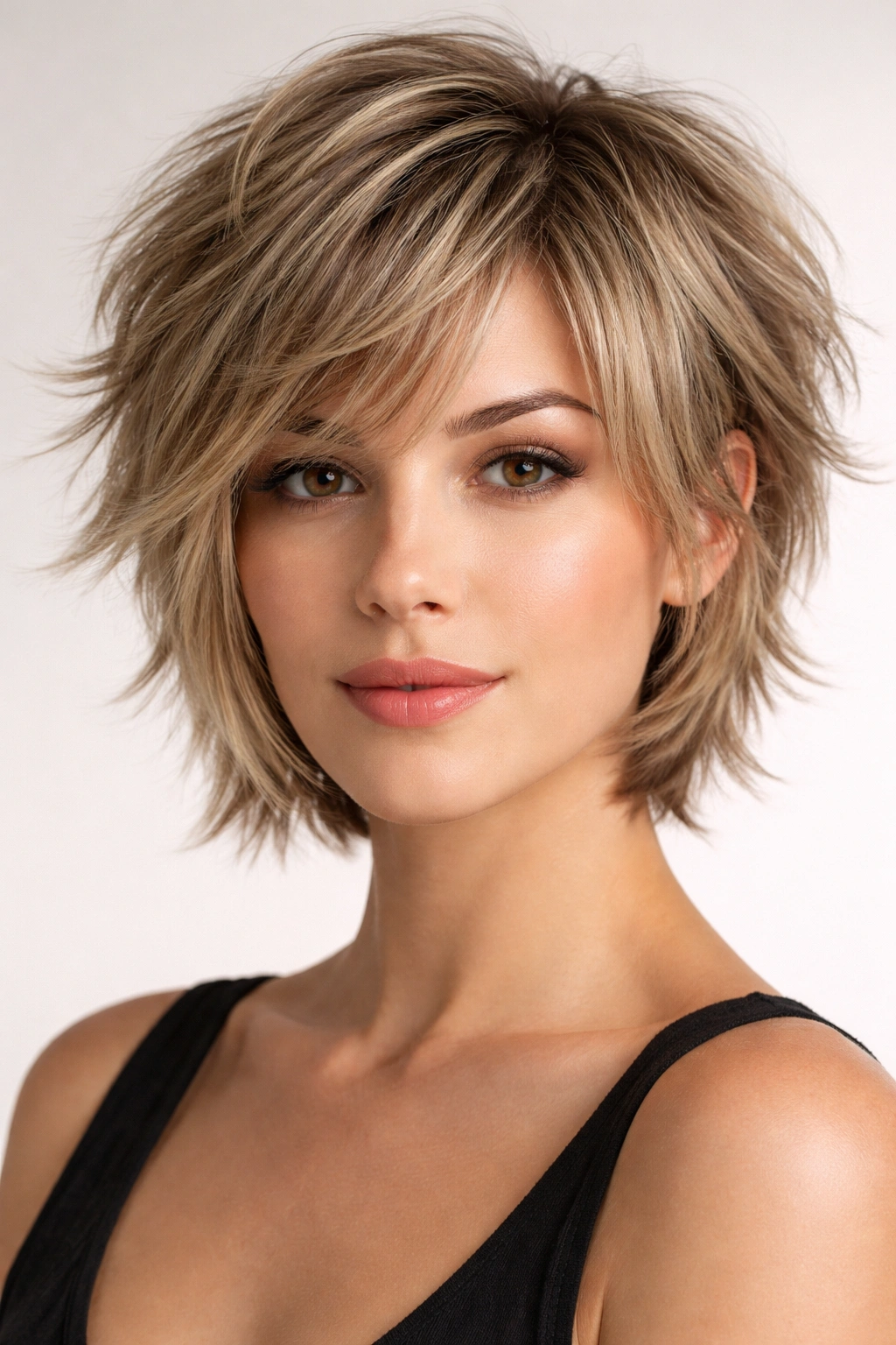 Close-up of short hair with choppy layers creating volume on fine hair.