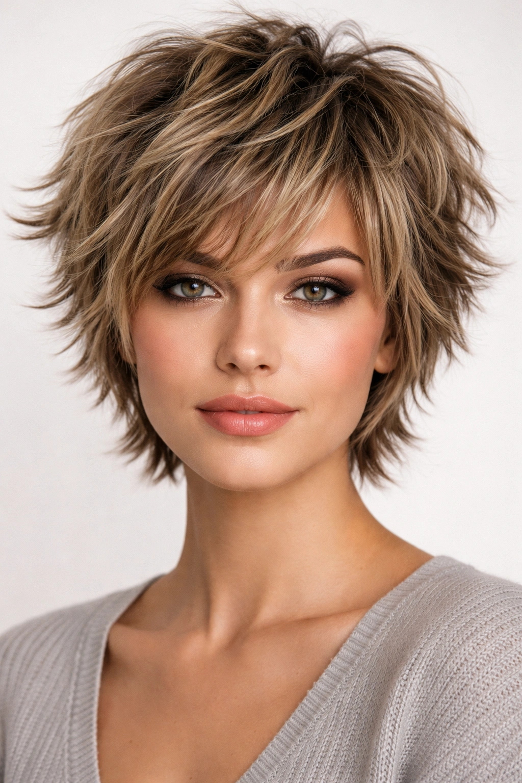 12 Choppy Layer Haircuts That Add Quick Volume 7 Close-up of head with uniform short choppy layers all around for volume