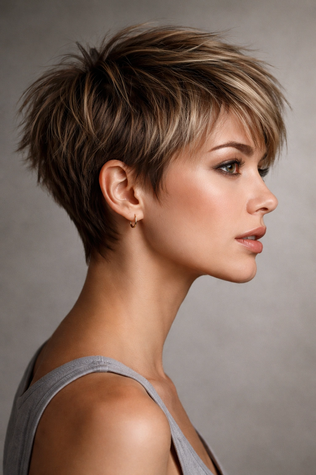 15 Choppy Haircuts That Work On All Hair Types 1 Close-up of a model's head with a textured short choppy pixie haircut showing uneven crown layers