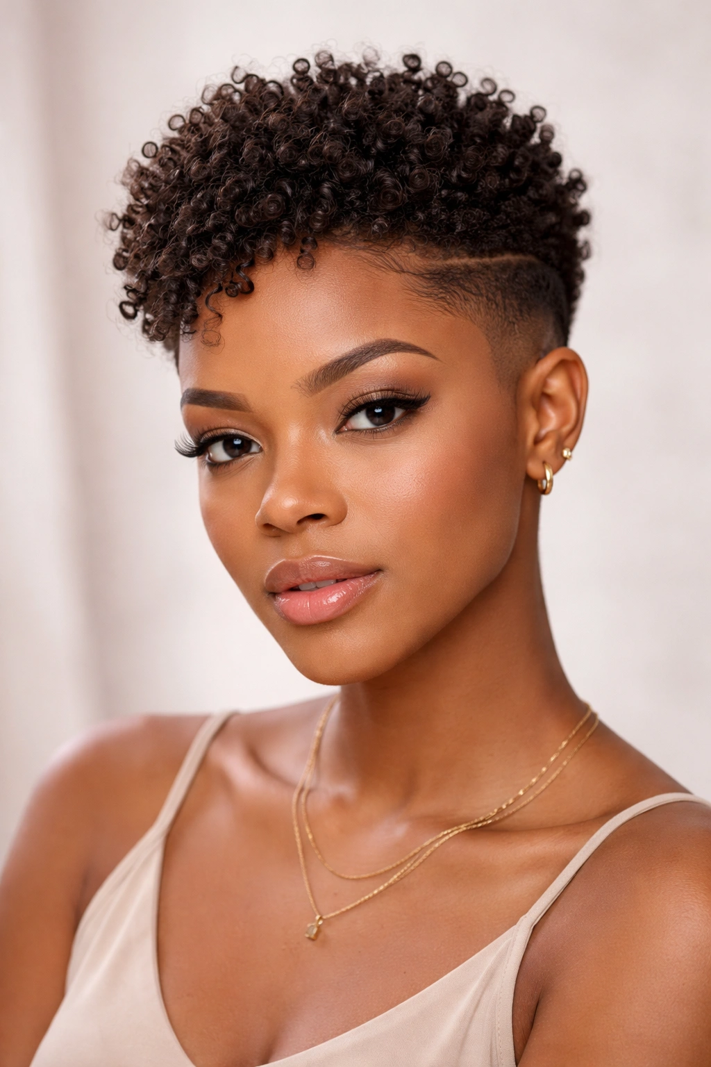 Portrait of a Black woman with short coils on top and undercut sides in studio lighting