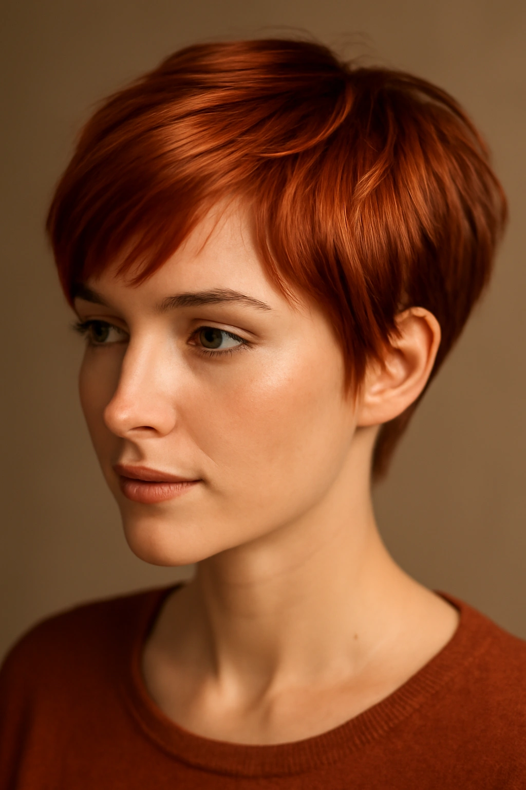 10 Short Copper Haircuts With a Warm Gorgeous Glow 1 Close-up portrait of a short copper hair style with dimensional highlights.