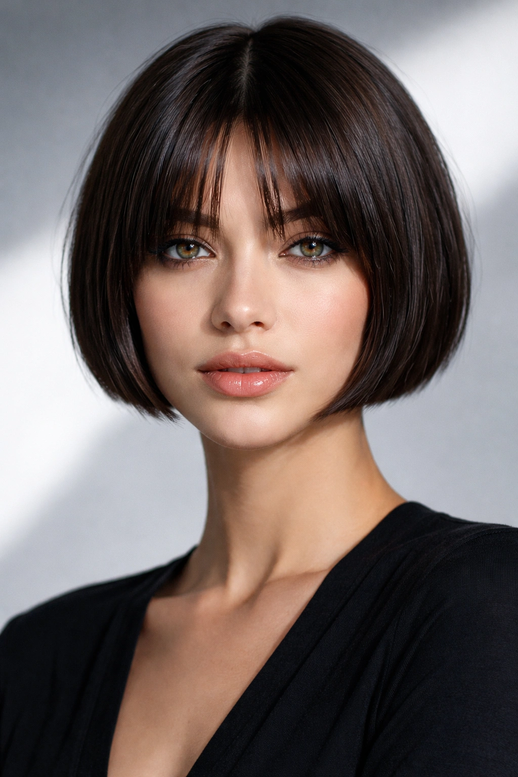 Blunt short crop with center-parted curtain bangs