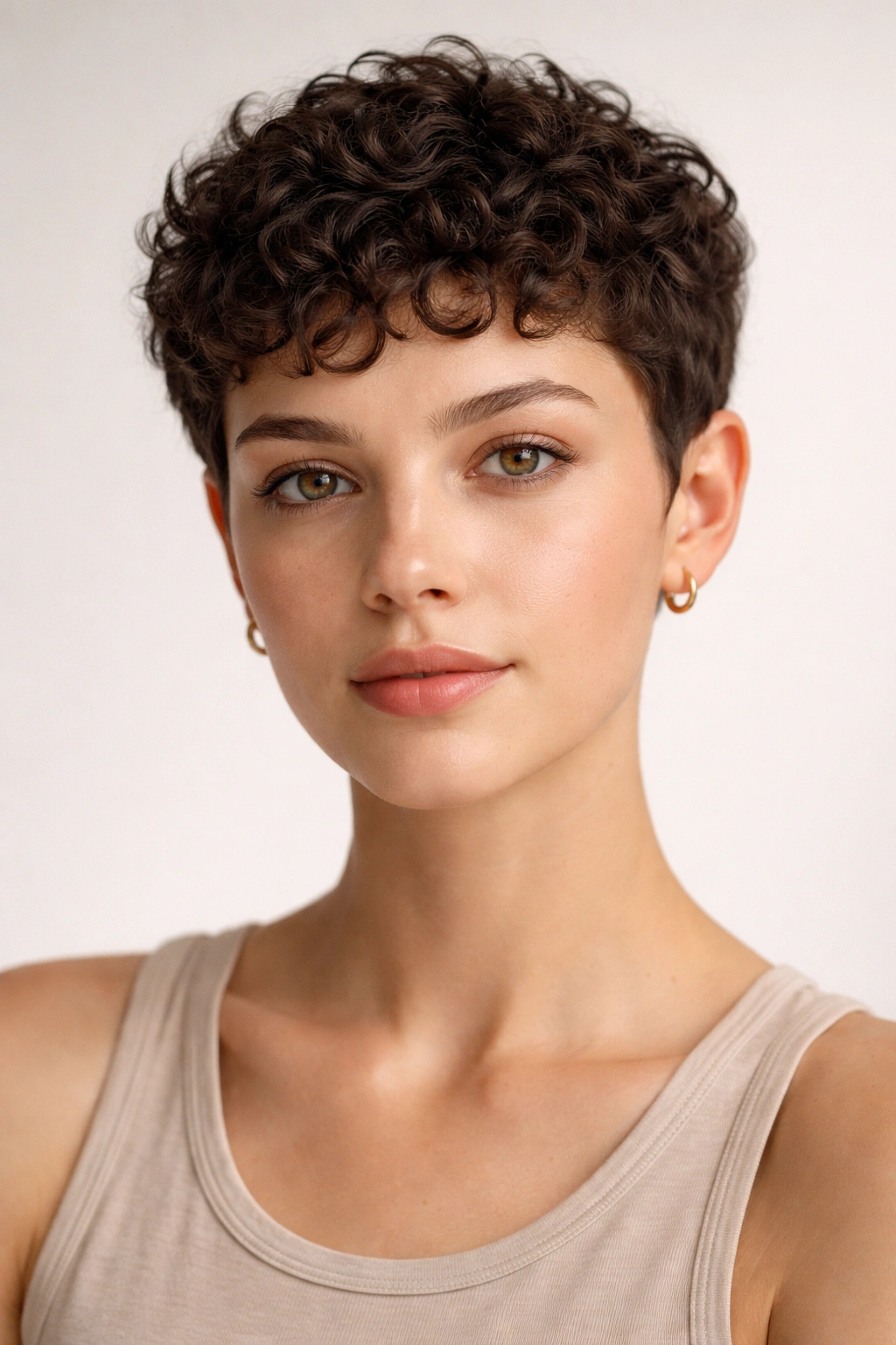 Ultra-short textured curl crop about an inch long with a neat rounded silhouette.