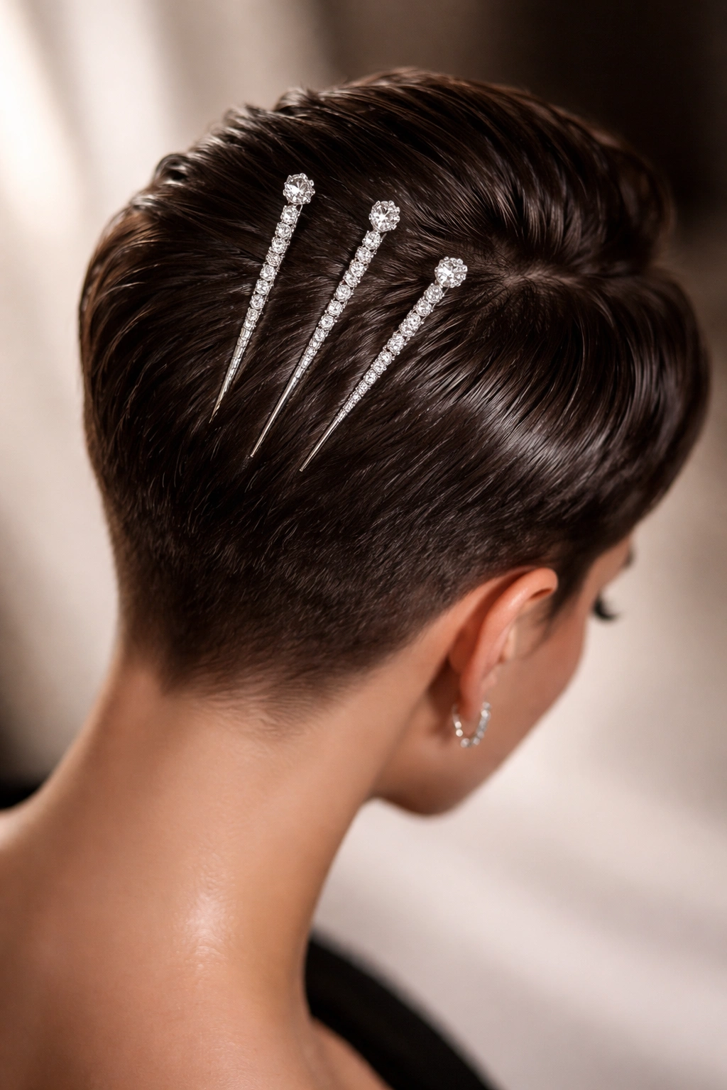Polished short crop with visible diamond hair sticks.