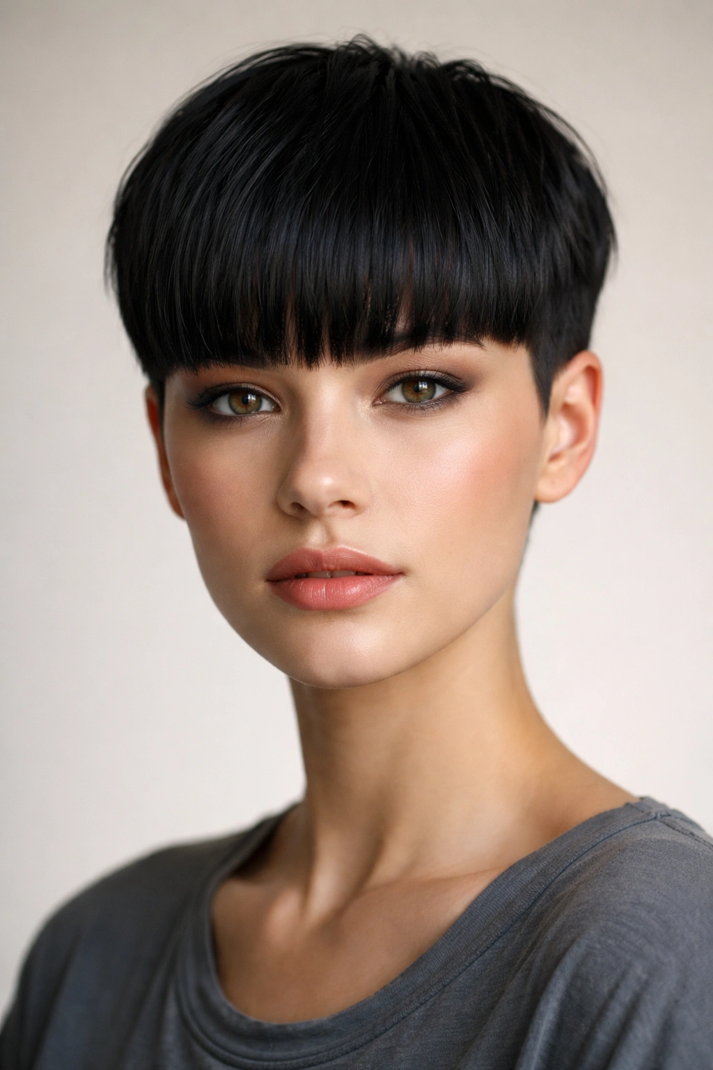 10 Short Haircuts With Thick Blunt Bangs To Try 9 Close-up portrait of short crop with heavy blunt fringe