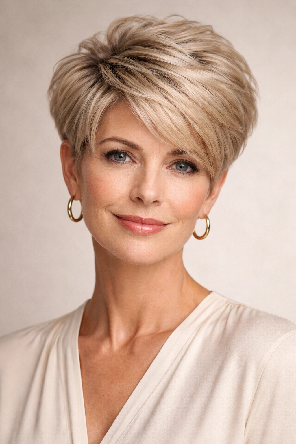 Front-facing short crop with lifted crown and volume