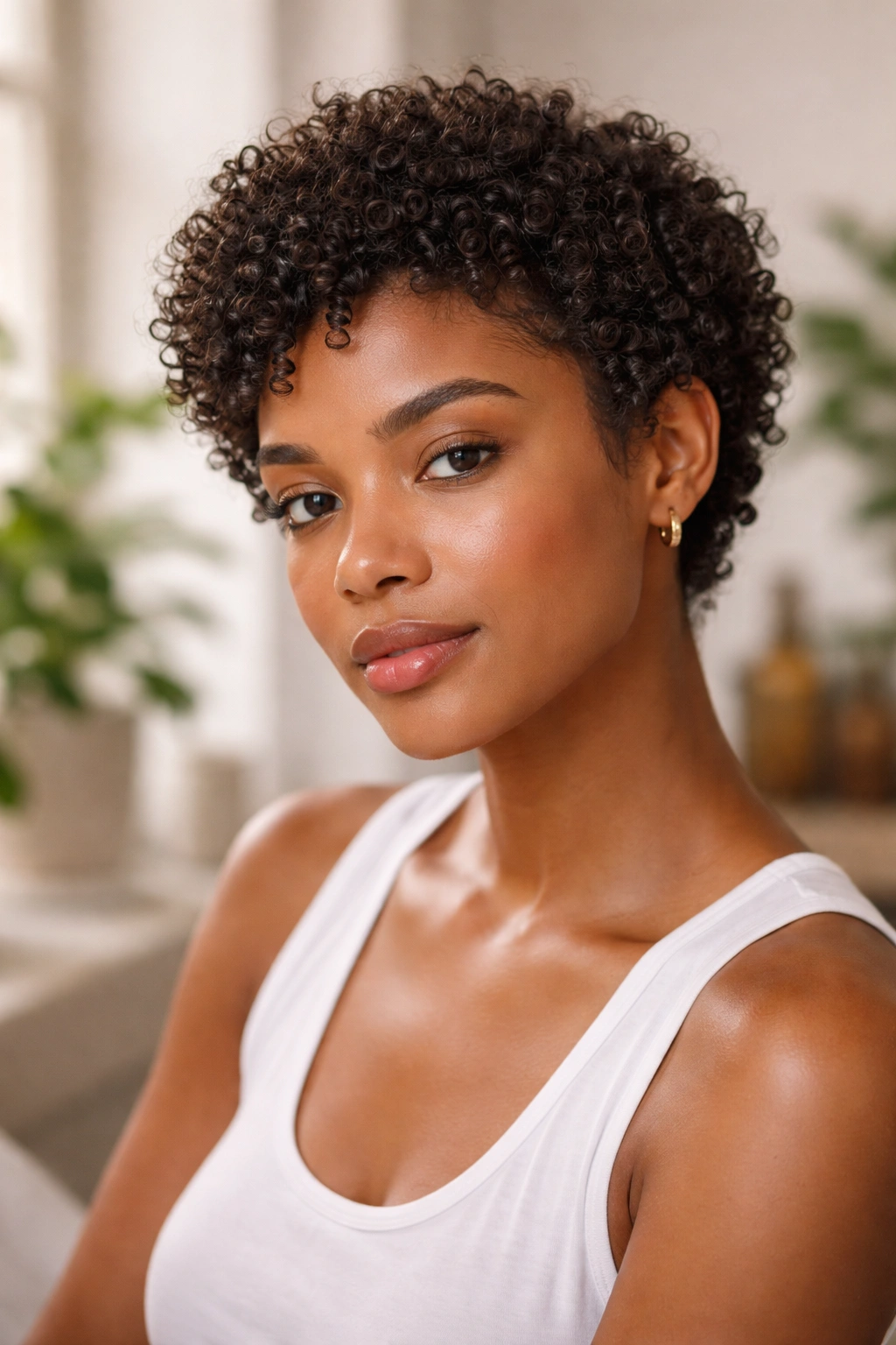 Short curls with healthy moisture and defined texture.