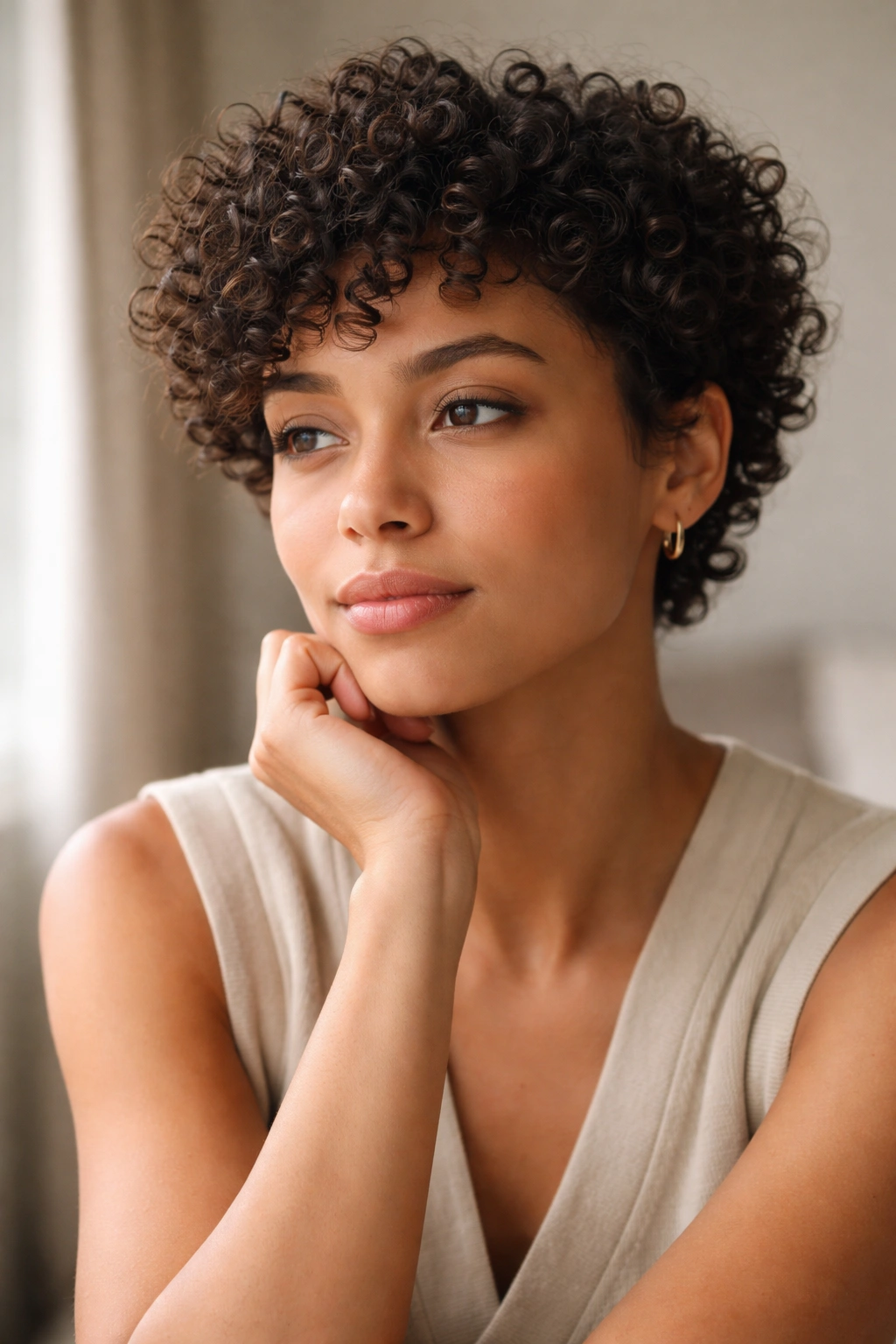 Close-up of a person with short curly hair in soft natural window light, highlighting natural curl texture