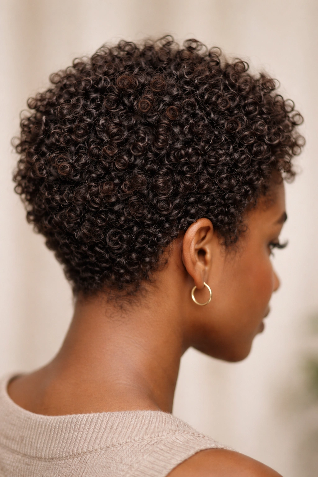 Close-up of short curly hair showing shrinkage and curl memory in a studio