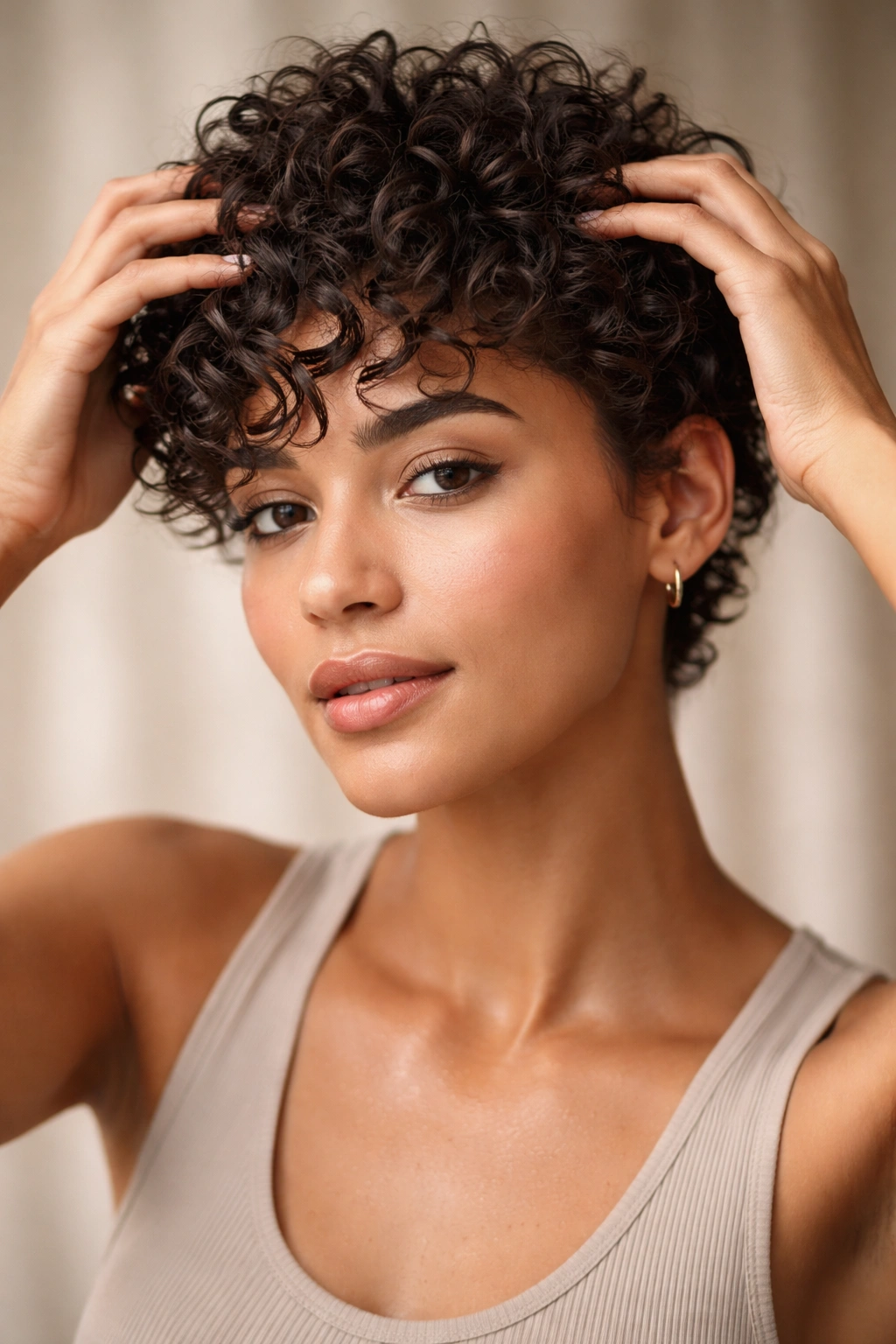 20 Short Curly Haircuts That Look Incredible 23 Close-up showing hands styling short curls for definition
