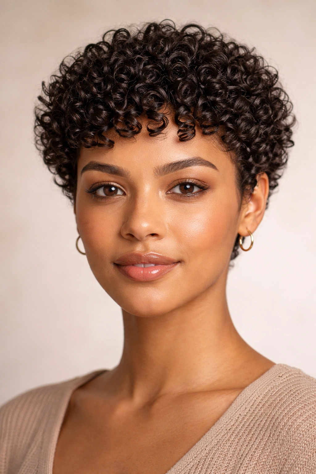 Close-up of uniform short curls Type 3 on a head, defined and frizz-minimized.