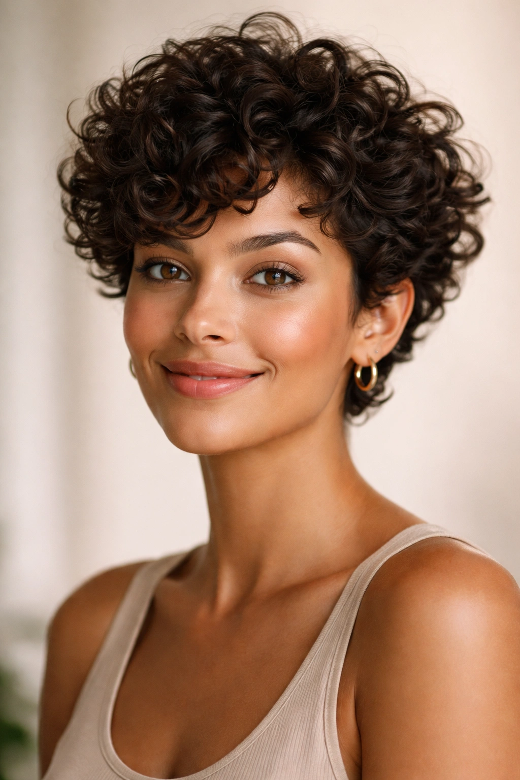 20 Short Curly Haircuts That Look Incredible 1 Close-up portrait of short curly hair with defined volume and bounce.