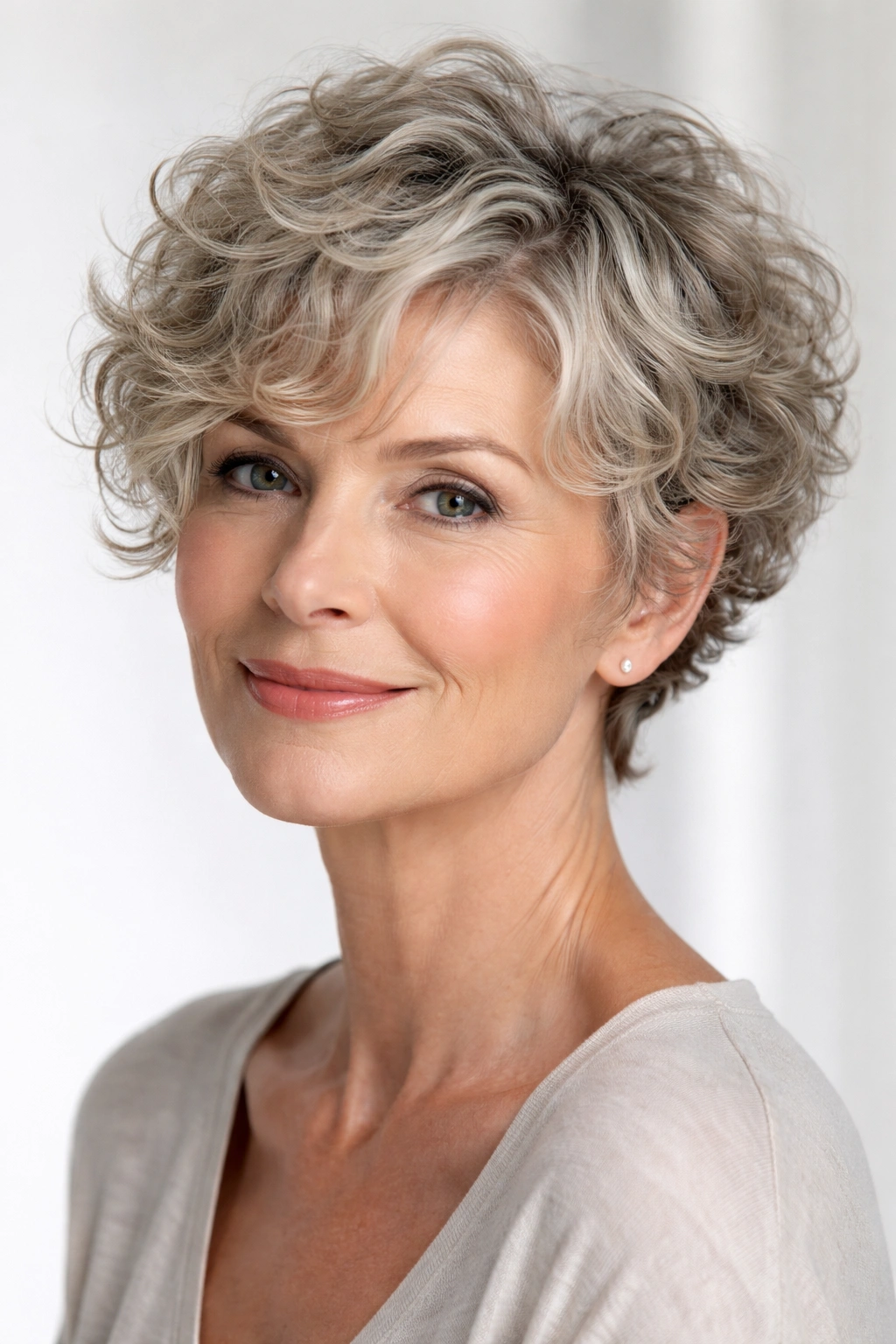 Short curly hair with ash blonde tones.