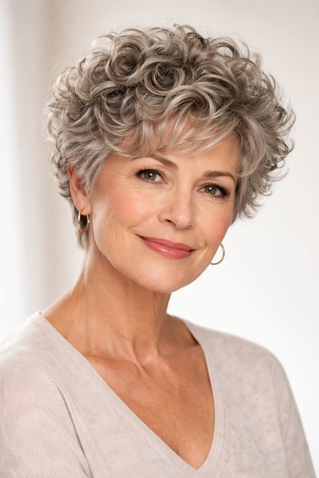 Portrait of a woman with a short curly crop and volume on top