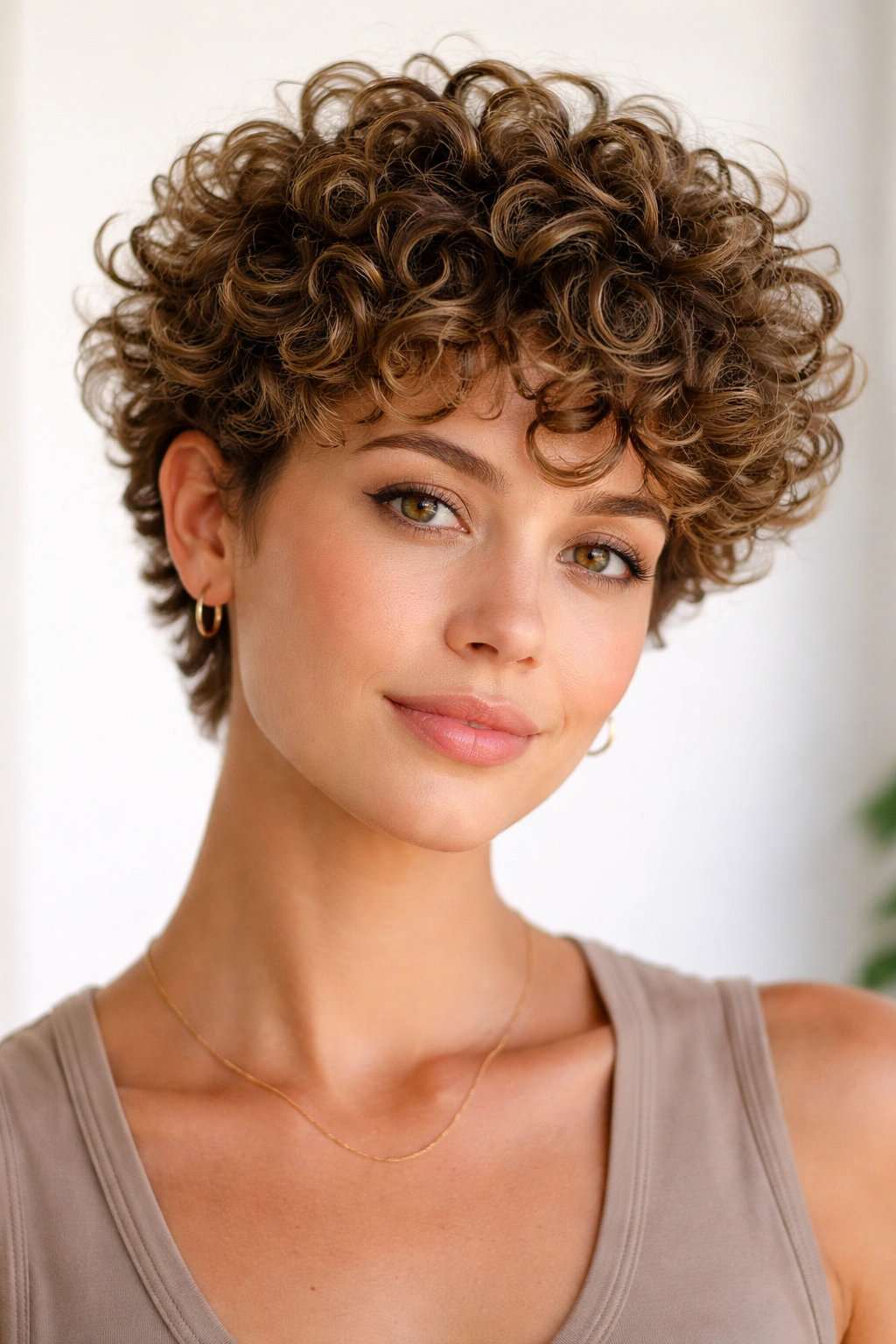 15 Short Haircuts That Balance Out A Longer Face 10 Close-up of short curly cut showing defined curls and width