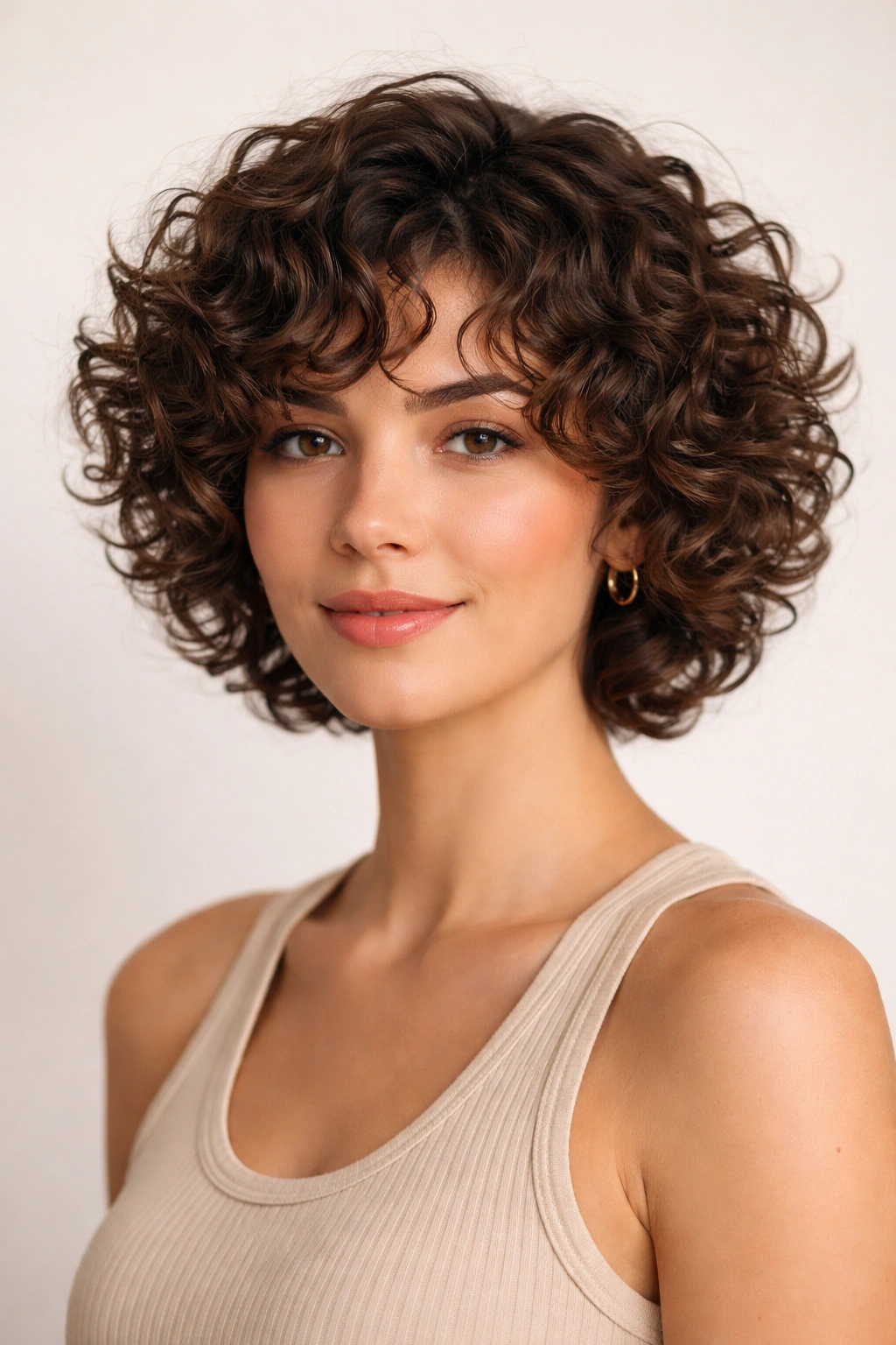 Chin-length curly cut with defined stacked layers showing springy curls
