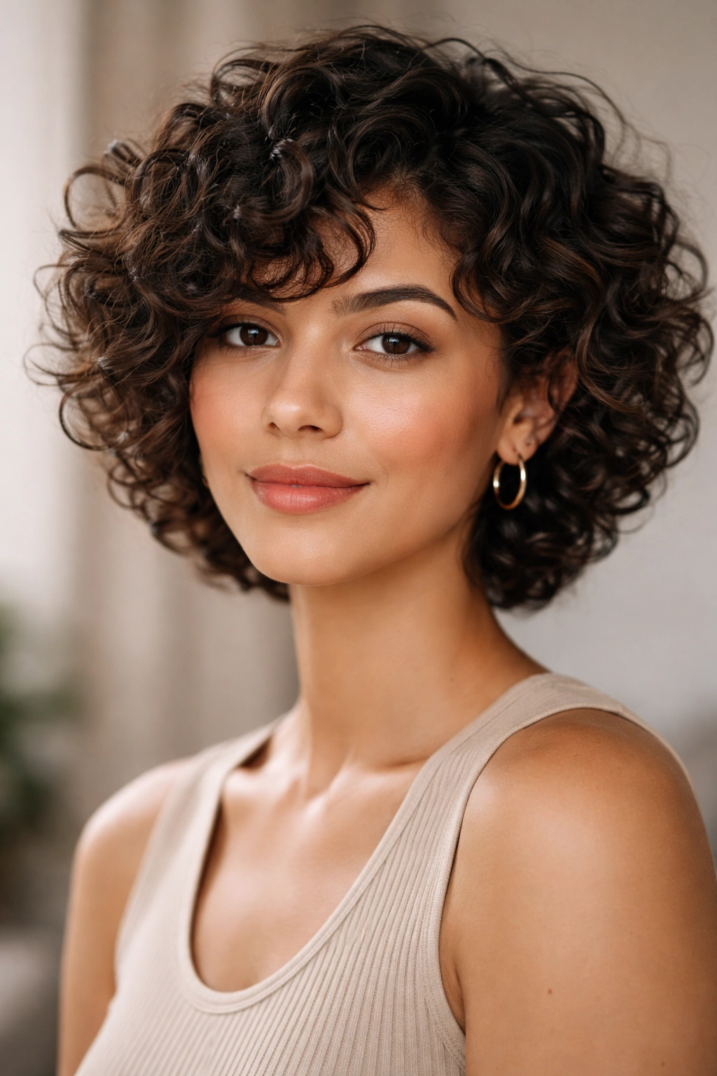 Close-up portrait of a person with a short curly cut and face-framing layers in studio lighting