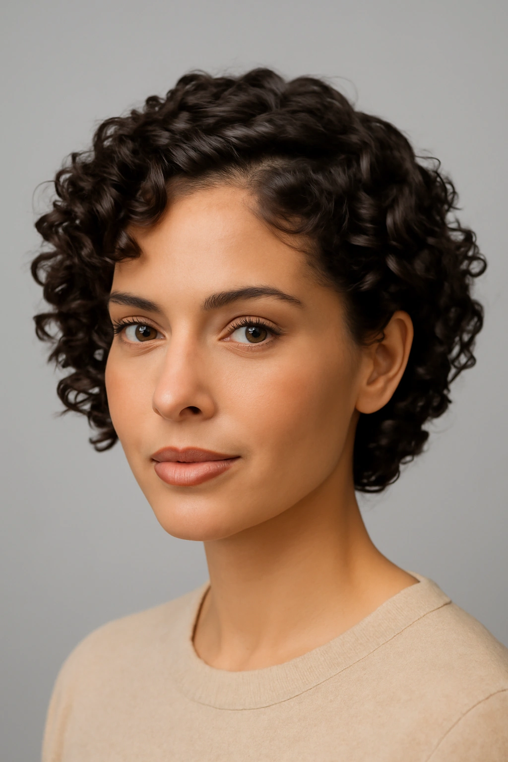 Close-up of a short curly hairstyle with twisted crown curls