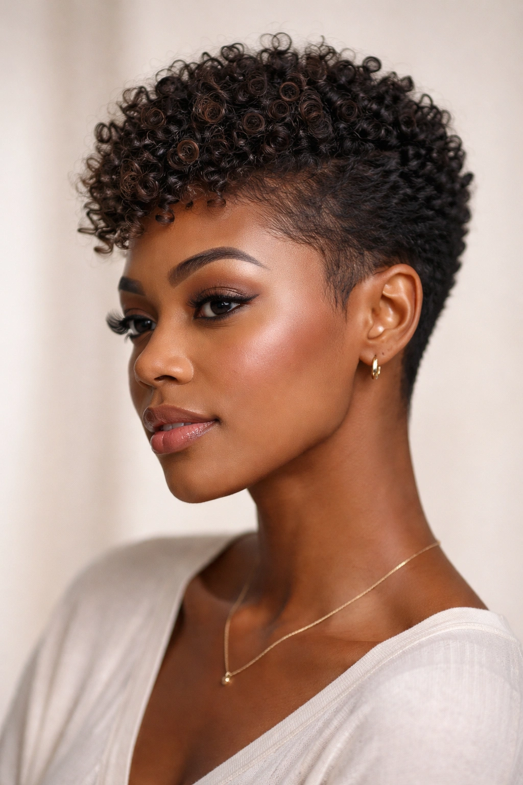 Close-up of a Black woman's short curly haircut showing natural texture in studio lighting
