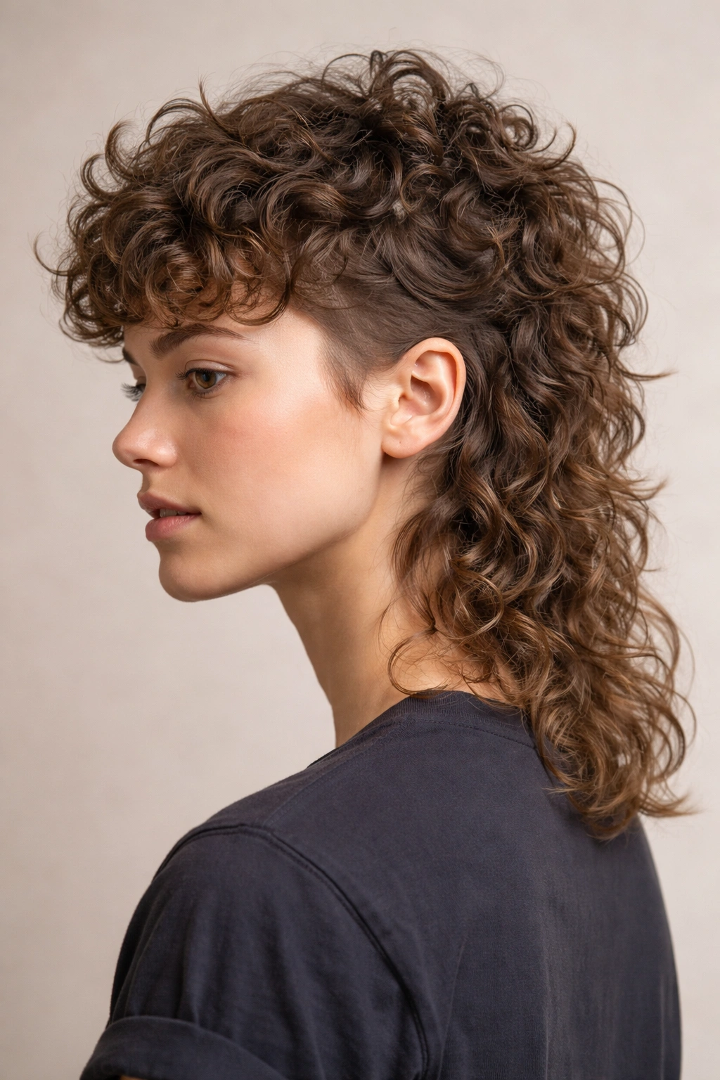 Profile view of a person with a short curly mullet showing textured top and longer back