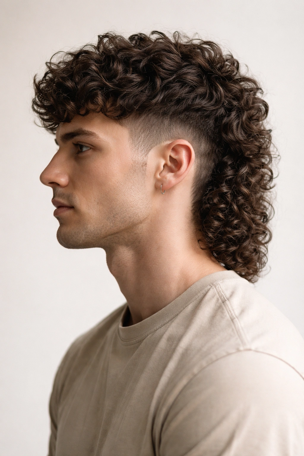 12 Curly Mullet Cuts With Serious Texture And Body 7 Close-up of a short curly mullet hairstyle with a short front and longer back, showing defined curls.