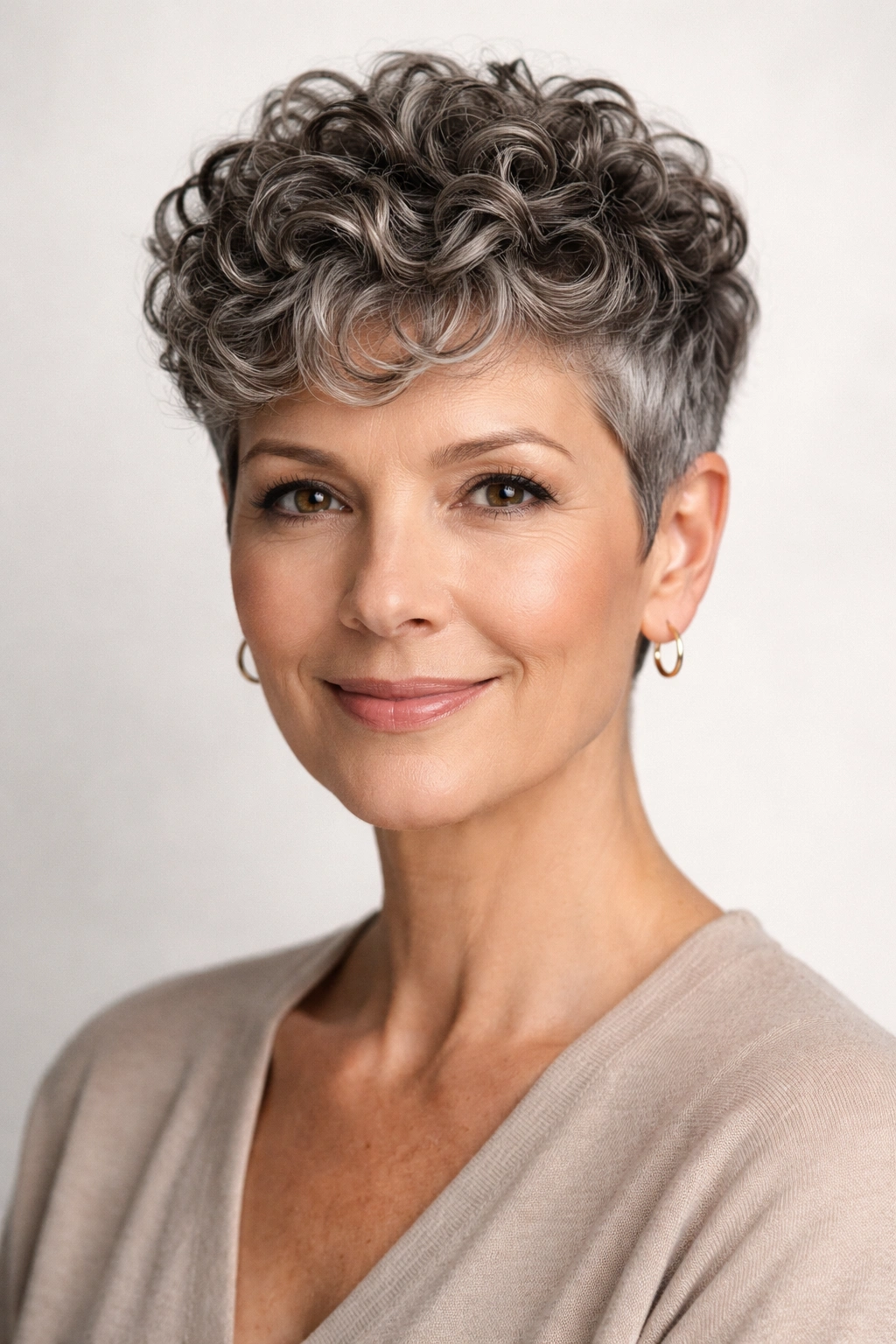 Short curly pixie cut with tapered sides and textured top