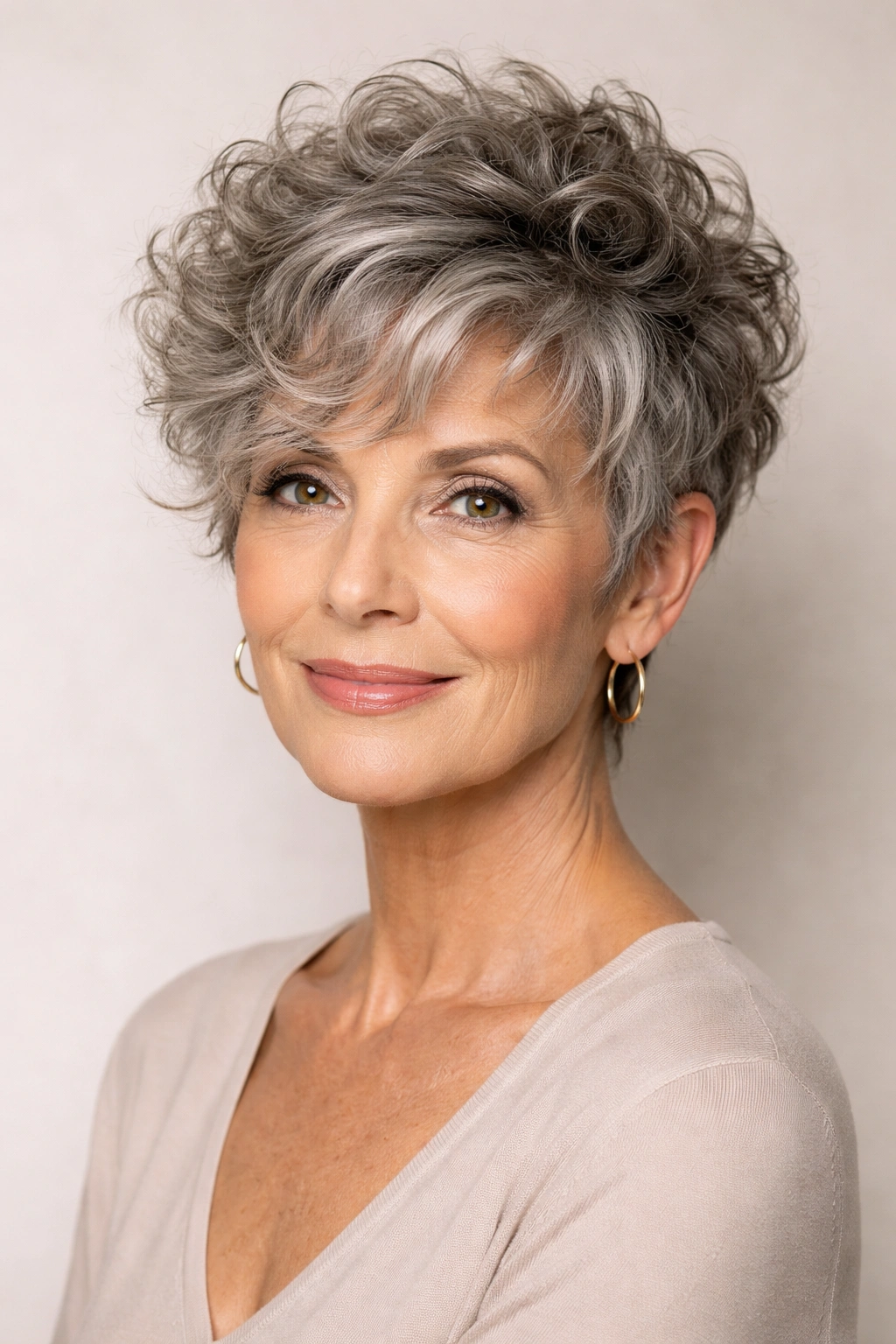 Short curly pixie with volume on a mature woman
