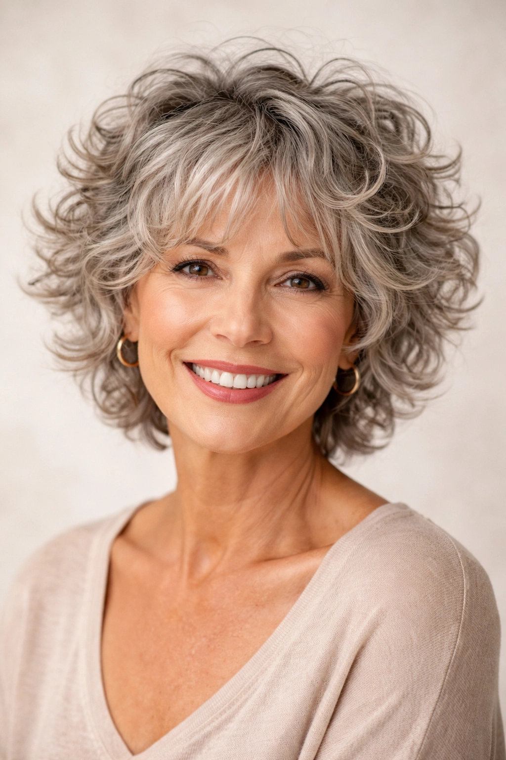 Short curly shag hairstyle with choppy layers on a neutral studio backdrop