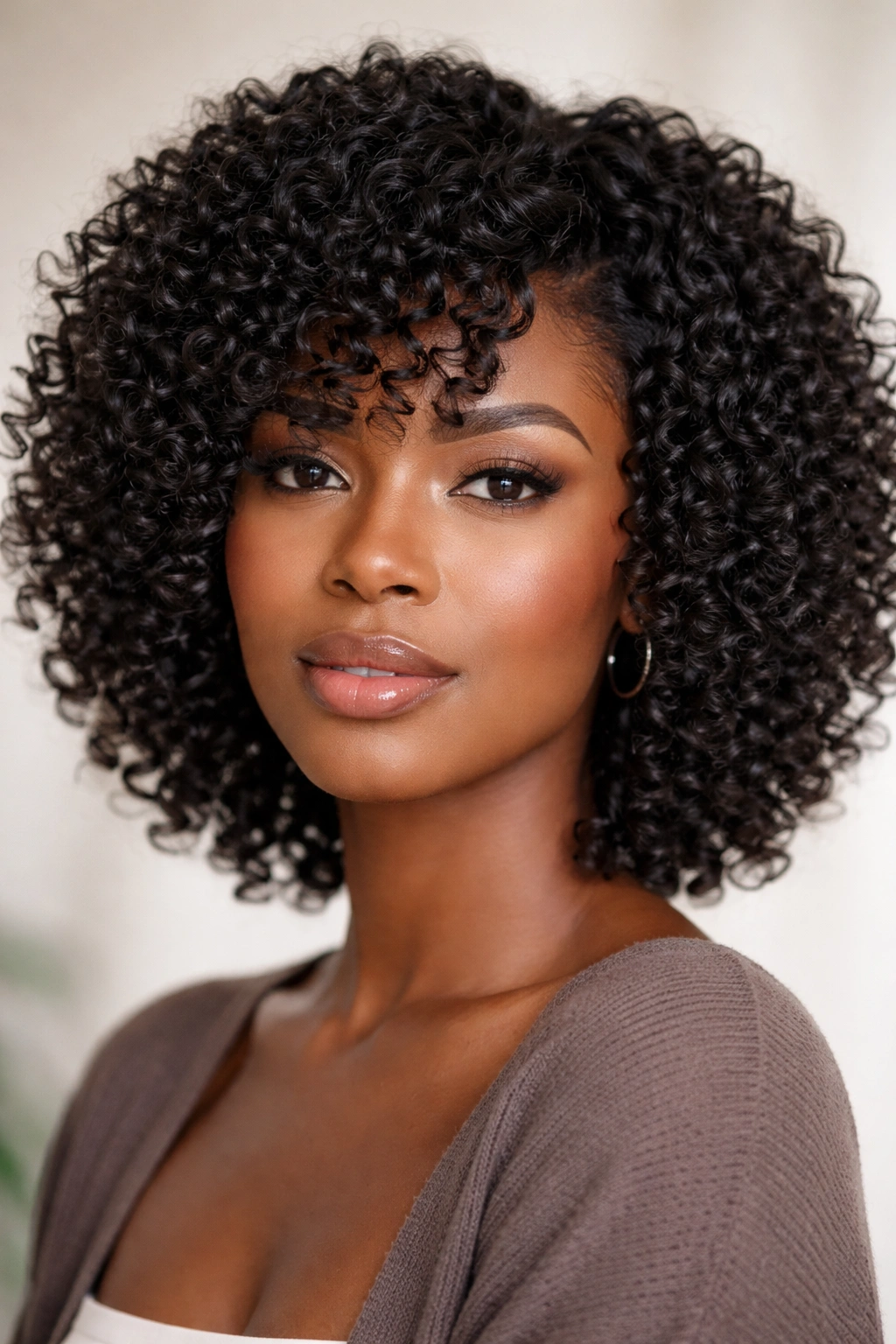 Close-up of a woman with short curly weave and defined coils.