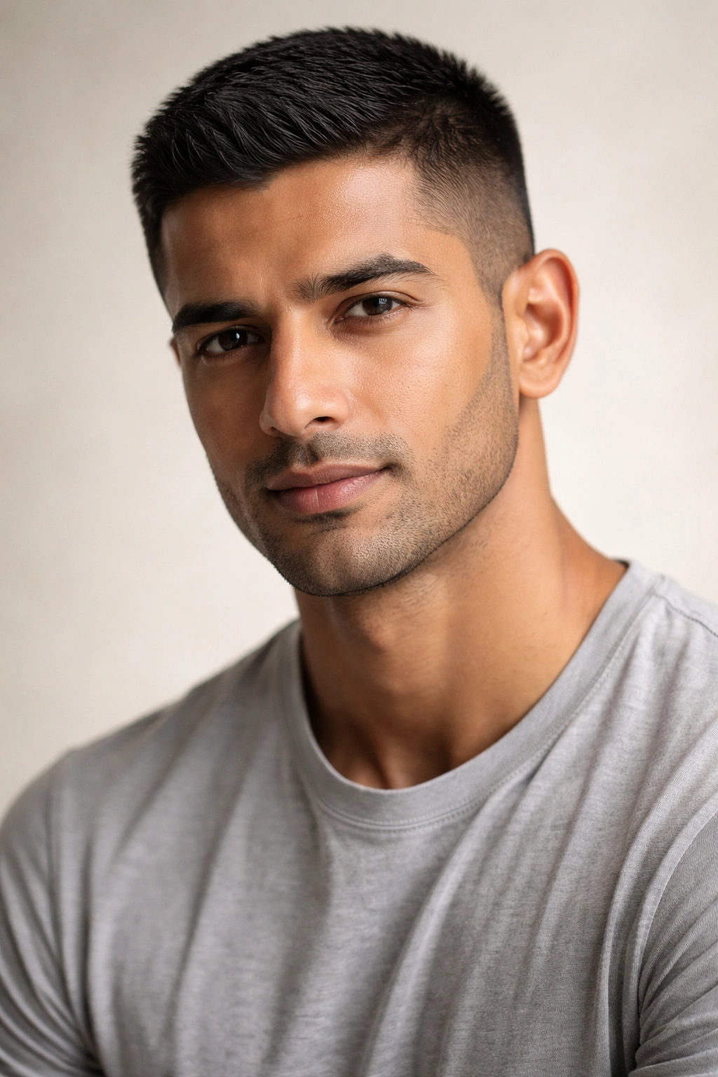 Portrait of a man with a classic short crew cut in studio lighting