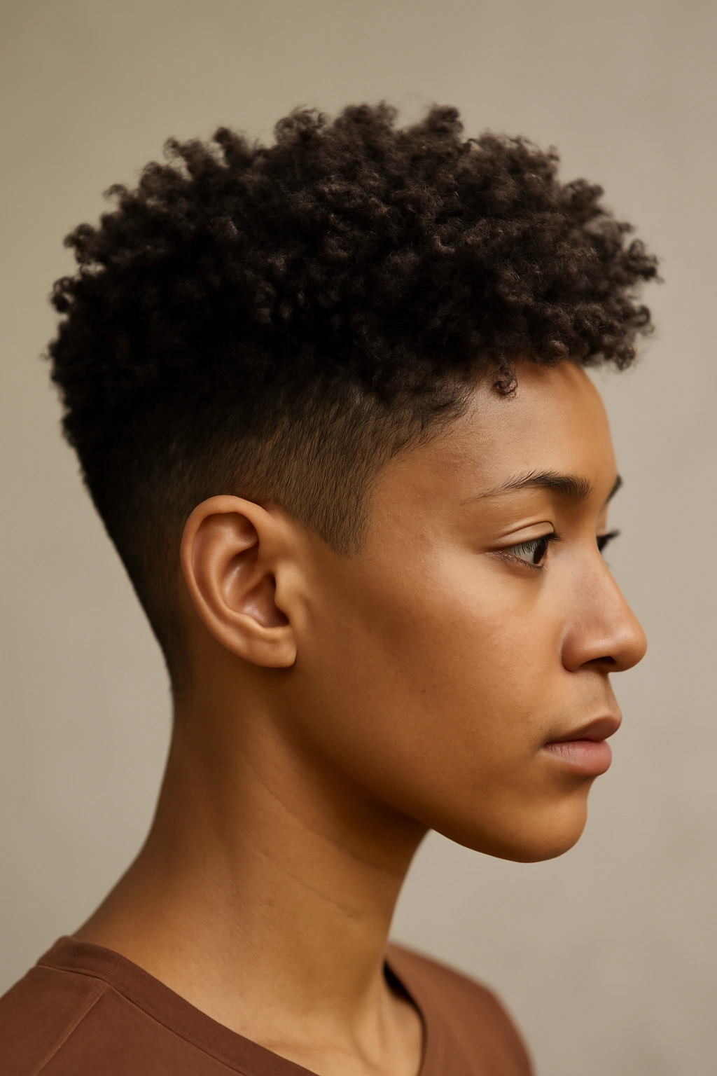 Short Natural Haircuts for Coily and Curly Textures 2 Side profile of short, voluminous curls with tapered sides