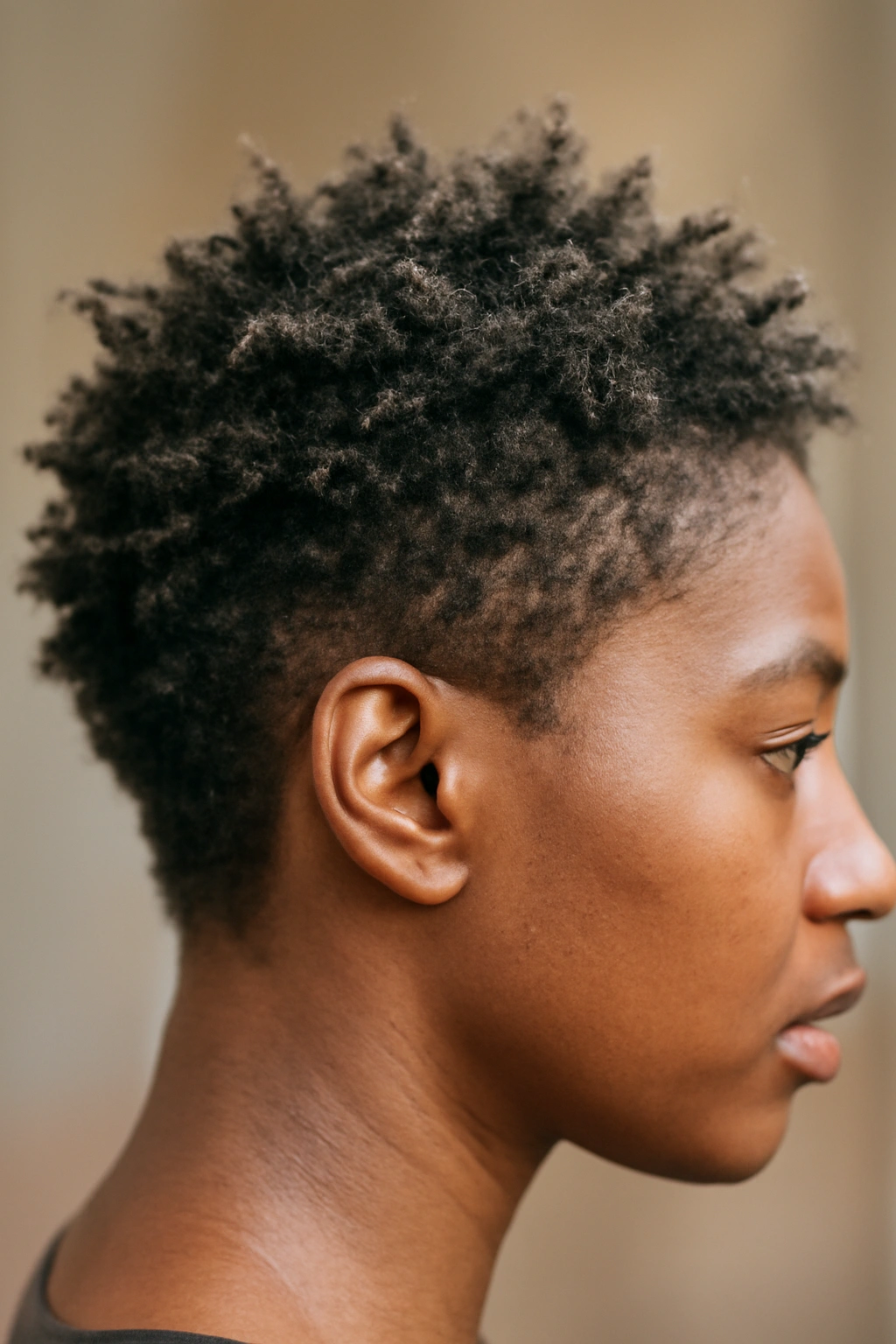 Short Natural Haircuts for Coily and Curly Textures 11 Close-up of a short hairstyle showing frizz and uneven texture