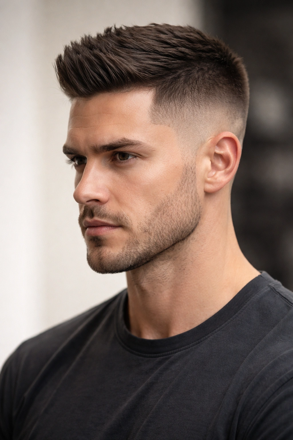 Man with short fade haircut and blended sides