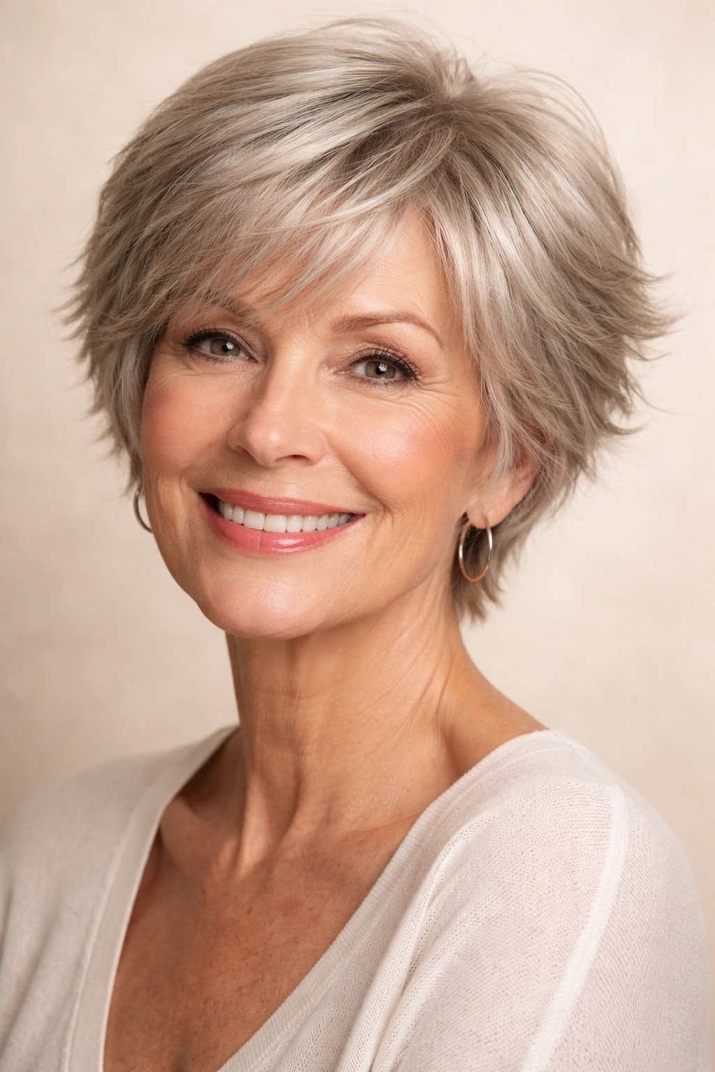 Close-up of a short feathered crop hairstyle with wispy ends framing the face
