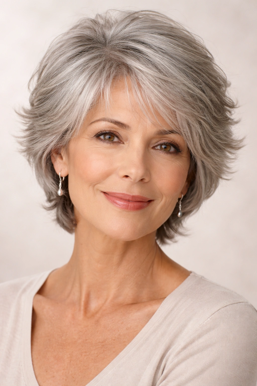 Close-up of short feathered gray hair framing the face with soft layers