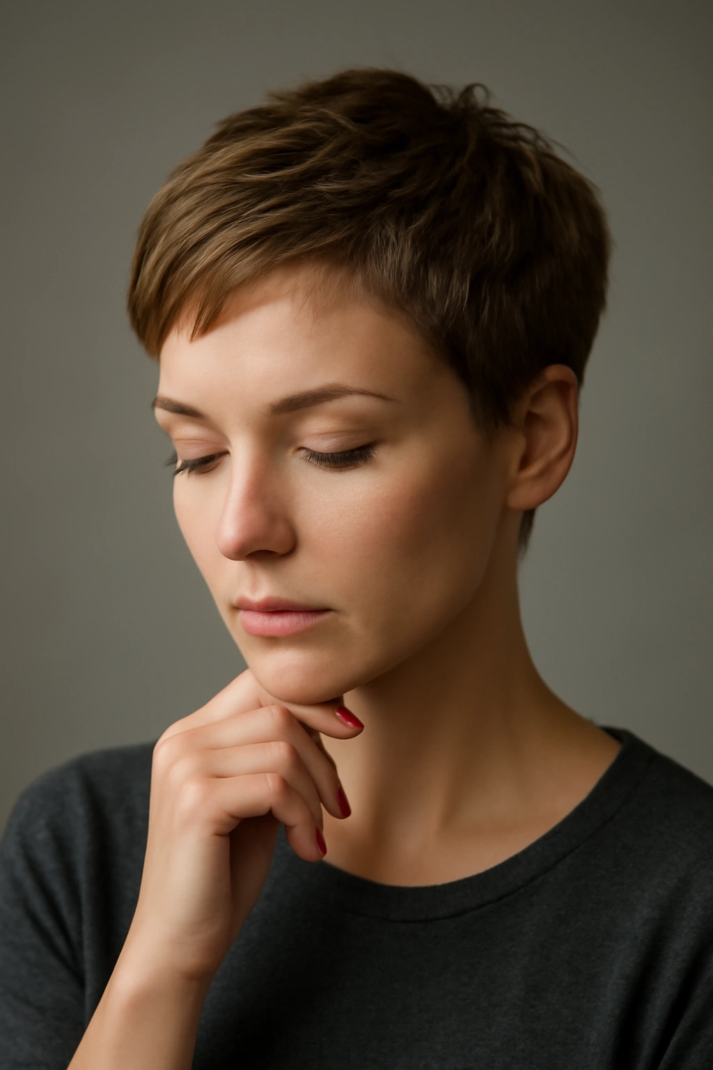 Thoughtful portrait of a person with a short feminine haircut