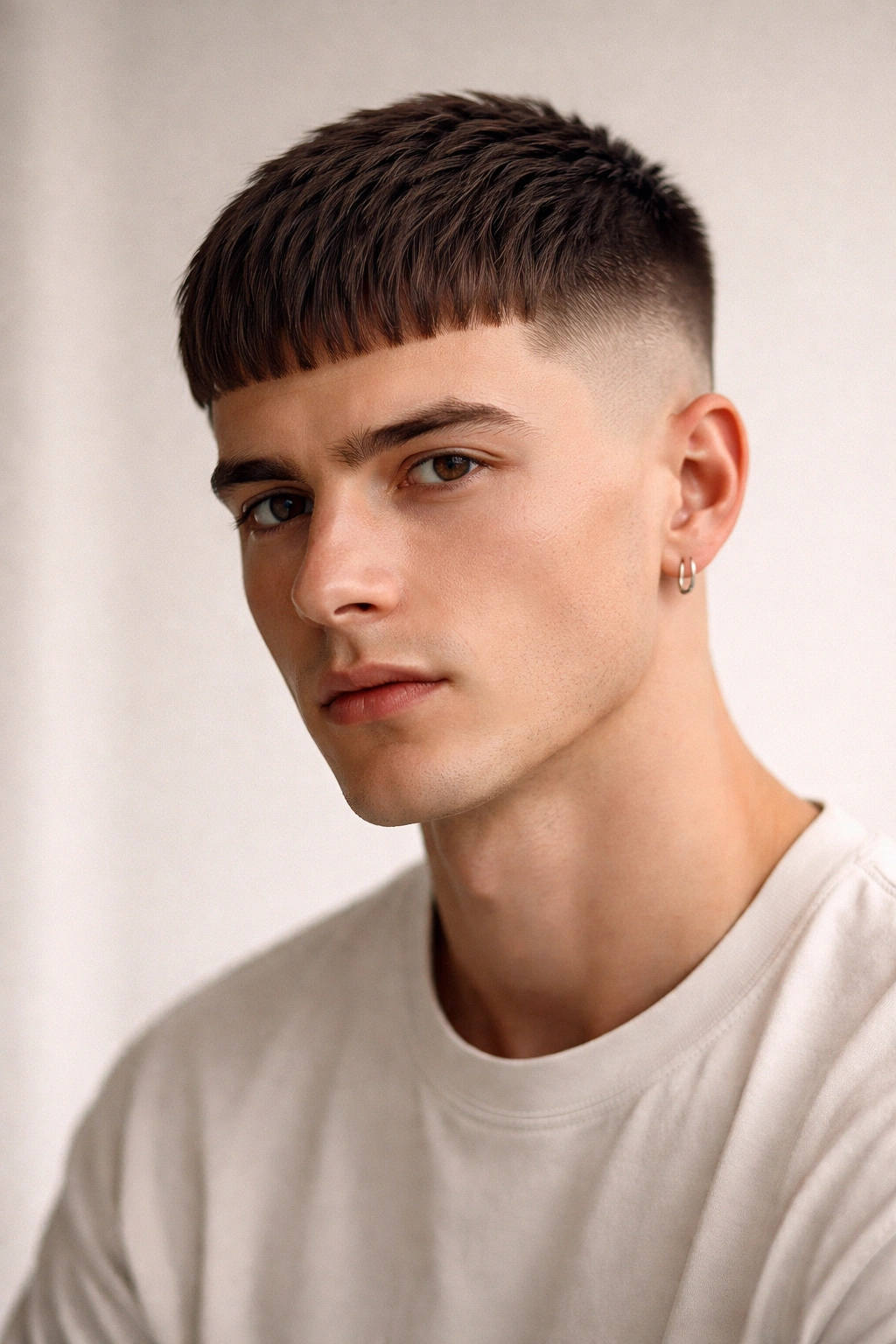 Portrait of a person with a Short Fringe With Buzz Fade showing bold fringe and shaved sides