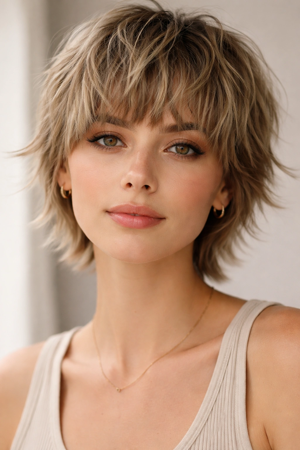 20 Haircuts That Give Fine Hair Instant Fullness 13 Close-up of a model with a short textured fringe cut and layered sides.