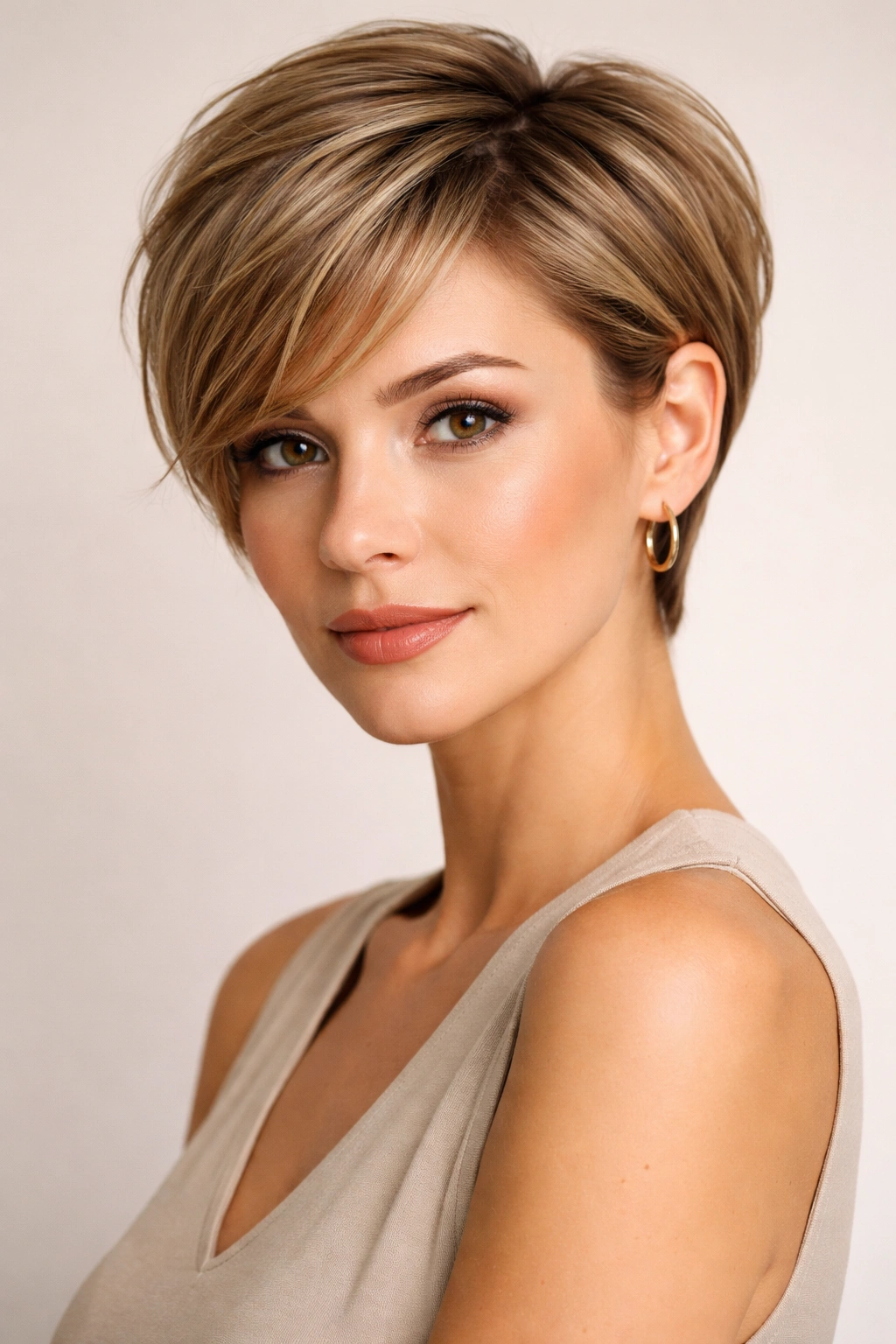 Close-up portrait of a woman with a chic short hairstyle highlighting facial features.