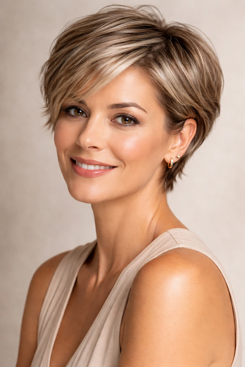 Portrait of a woman in her 40s with a chic short hairstyle, showcasing health and shine.
