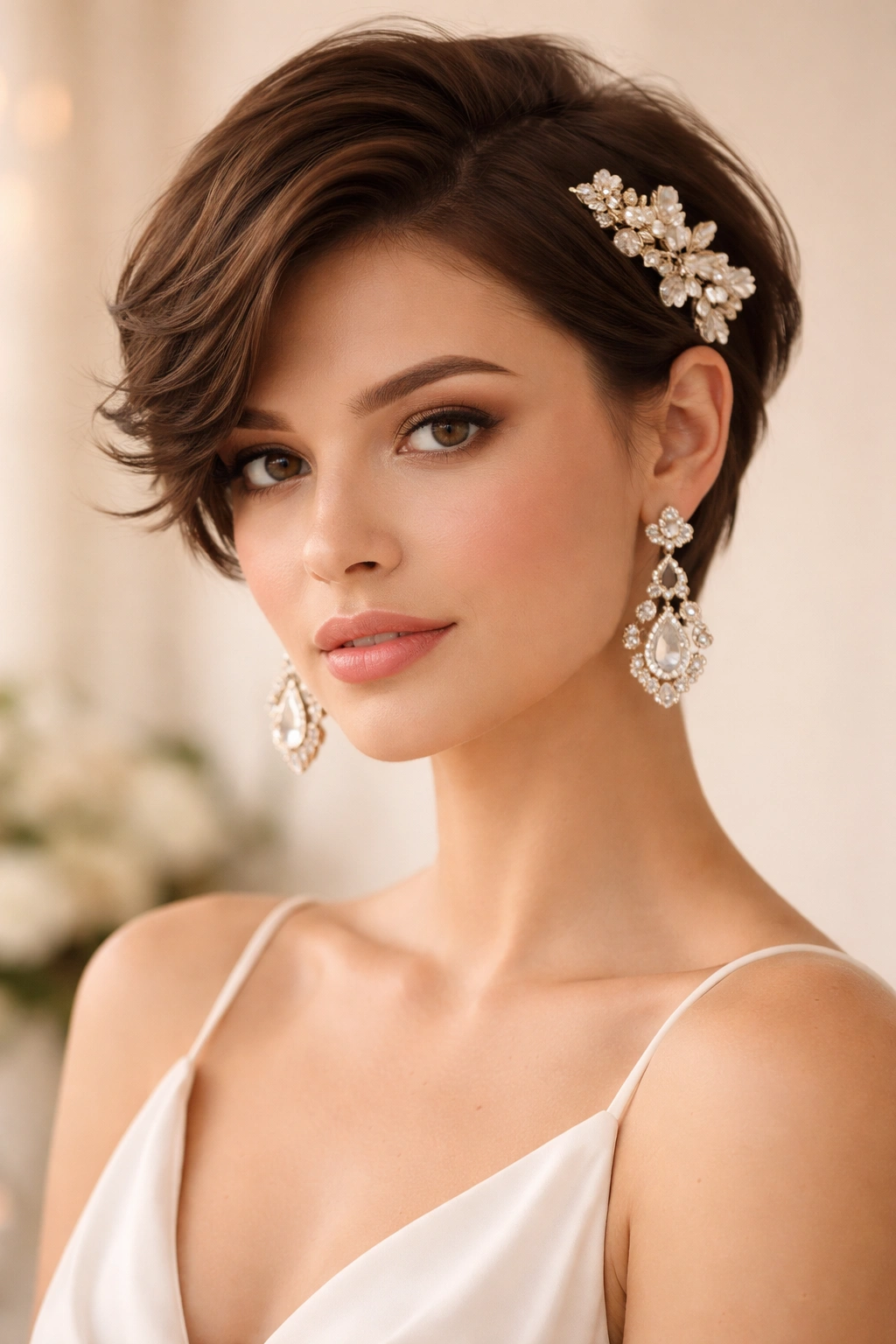 Close-up of short hair with bold earrings and decorative hair clip positioned to complement the hairstyle